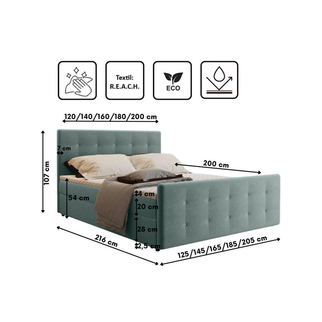 Thumbnail - Kaiser Möbel Boxbett, Grün, Textil, H3, Höhe ca. 20 cm, 160x200 cm, Oeko-Tex® Standard 100, Schlafzimmer, Betten, Boxspr...