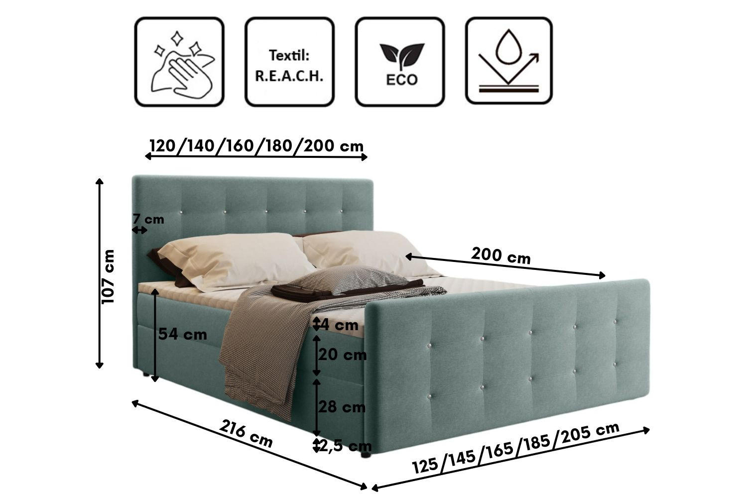 Thumbnail - Kaiser Möbel Boxbett, Grün, Textil, 2 Schubladen, H2, 7-Zonen, Höhe ca. 20 cm, Rechteckig, 180x200 cm, Schlafzimmer, Bet...