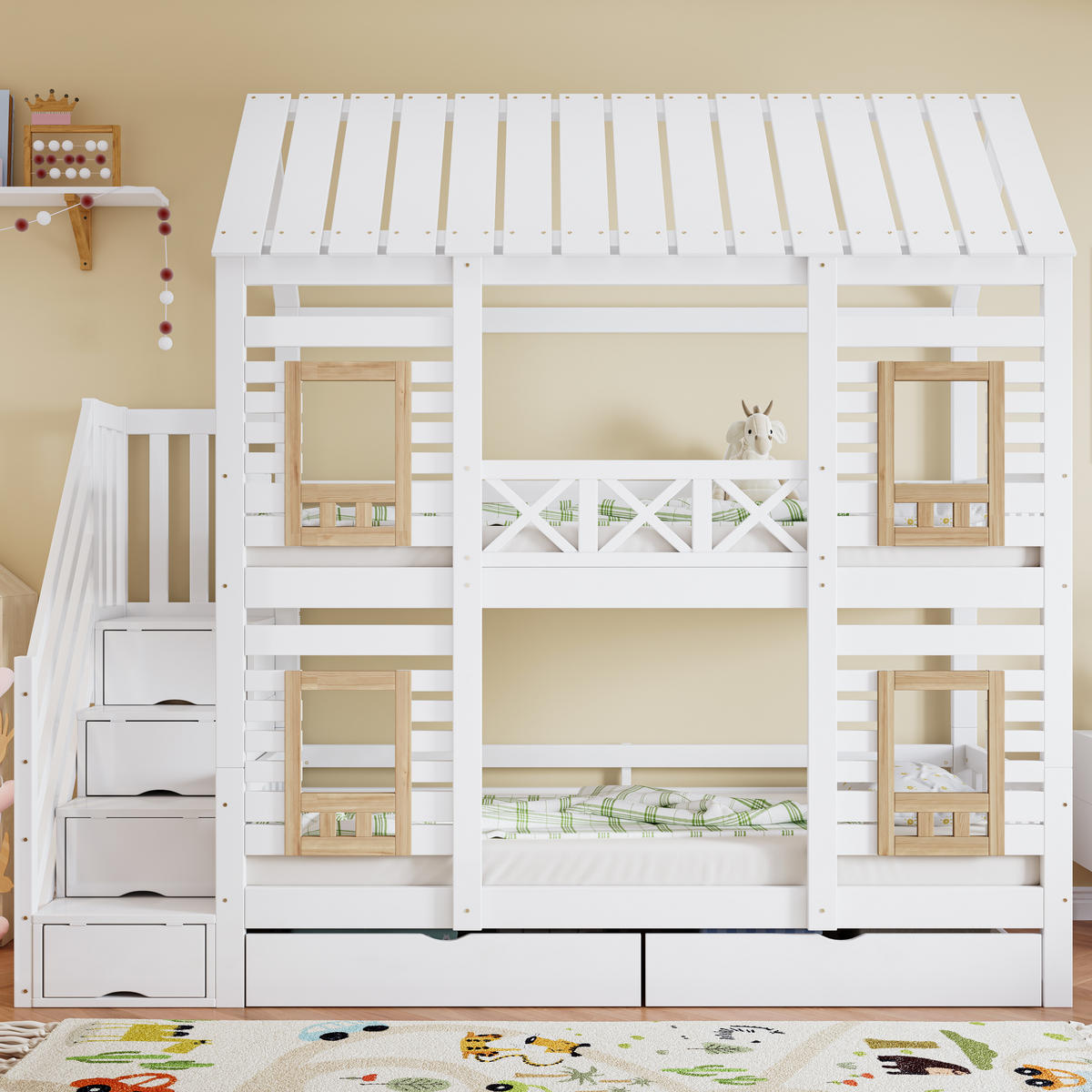 ETAGENBETT 90/200 cm weiß und natur aus Massivholz mit Treppe und Schubladen - Weiß, Holz (90/200cm) - OKWISH