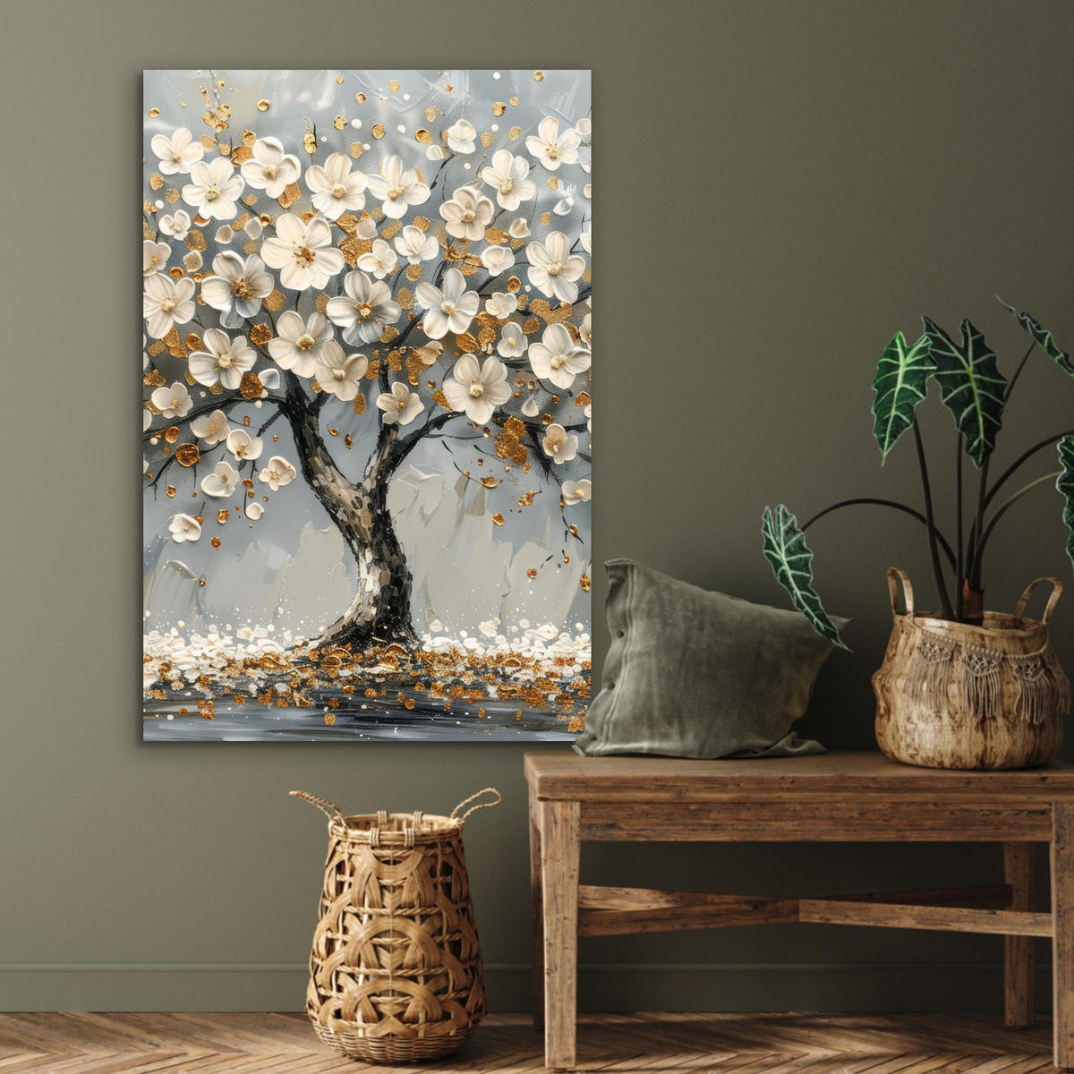 METALLBILD Baum - Blumen - Weiß - Natur - Kunst 60x90 cm - Weiß, Metall (60/90cm) - MuchoWow