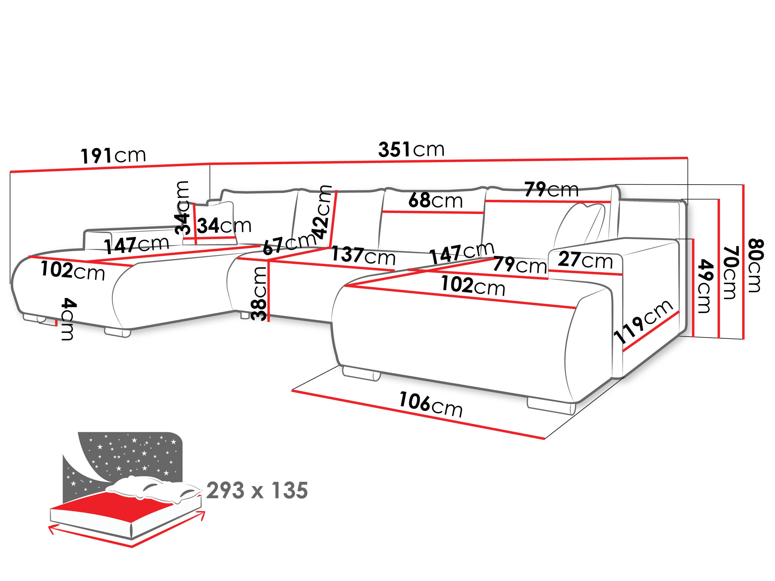 Thumbnail - Mirjan24 Wohnlandschaft, Grau, Textil, 6-Sitzer, U-Form,Rechteckig, 351x80x191 cm, Wohnzimmer, Sofas & Couches, Wohnland...