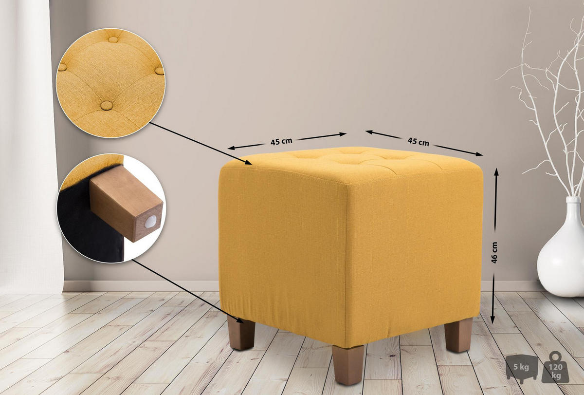 SITZWÜRFEL eckig 45/45/46 cm Stoff gelb - Gelb/Naturfarben, Holz/Textil (45/46/45cm) - CLP
