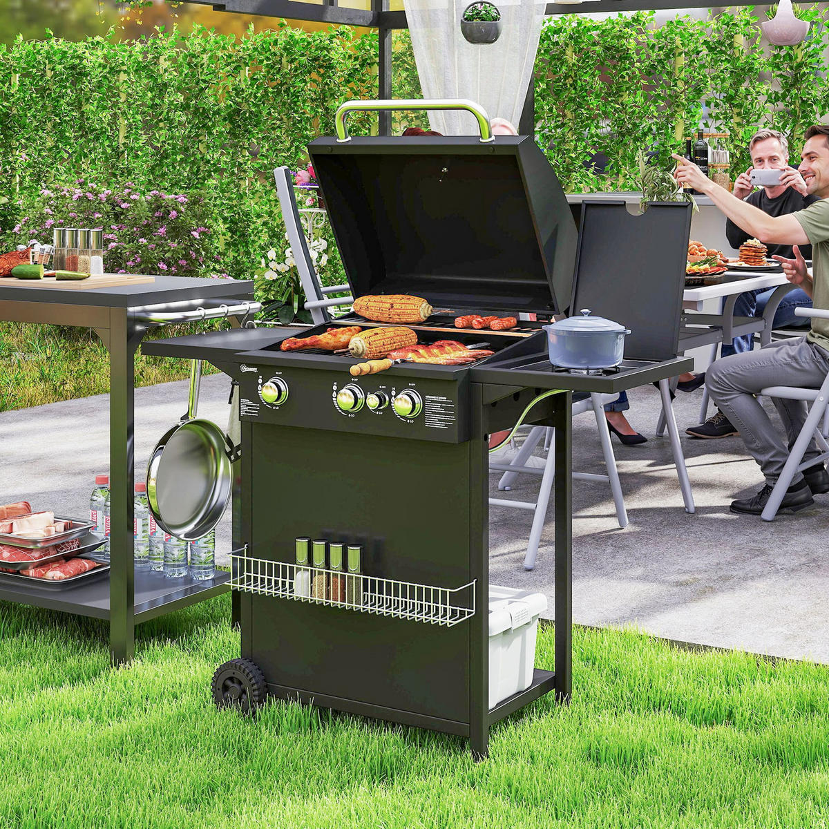 GASGRILL DE-18620 3+1 Brenner 9,5 kW mit 2 Grillrosten Schwarz - Schwarz, Metall (58/98/123cm) - ComfortXL