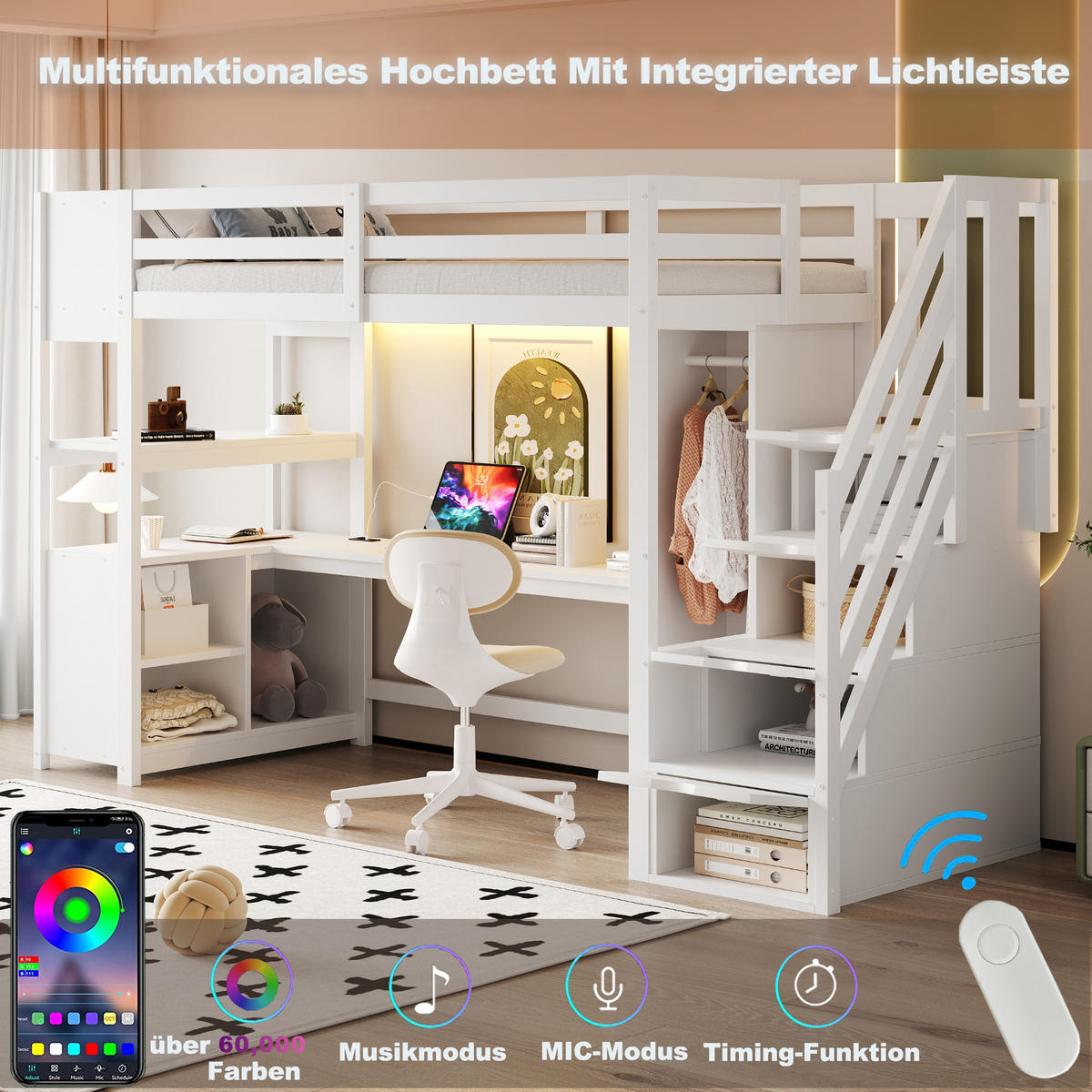 HOCHBETT 90/200 cm in Weiß mit Kleiderschrank, Schreibtisch, LED und Stauraum - Weiß, Holz/Holzwerkstoff (90/200cm) - STILVORA