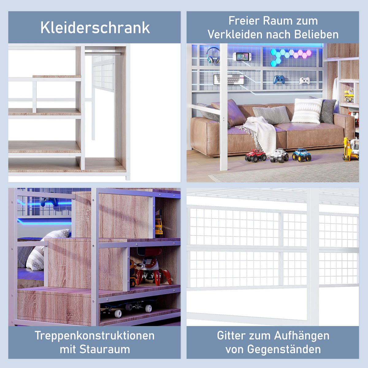 HOCHBETT 140x200cm Weiß Metall Kleiderschrank LED-Licht - Weiß, Metall (140/200cm) - FLIEKS