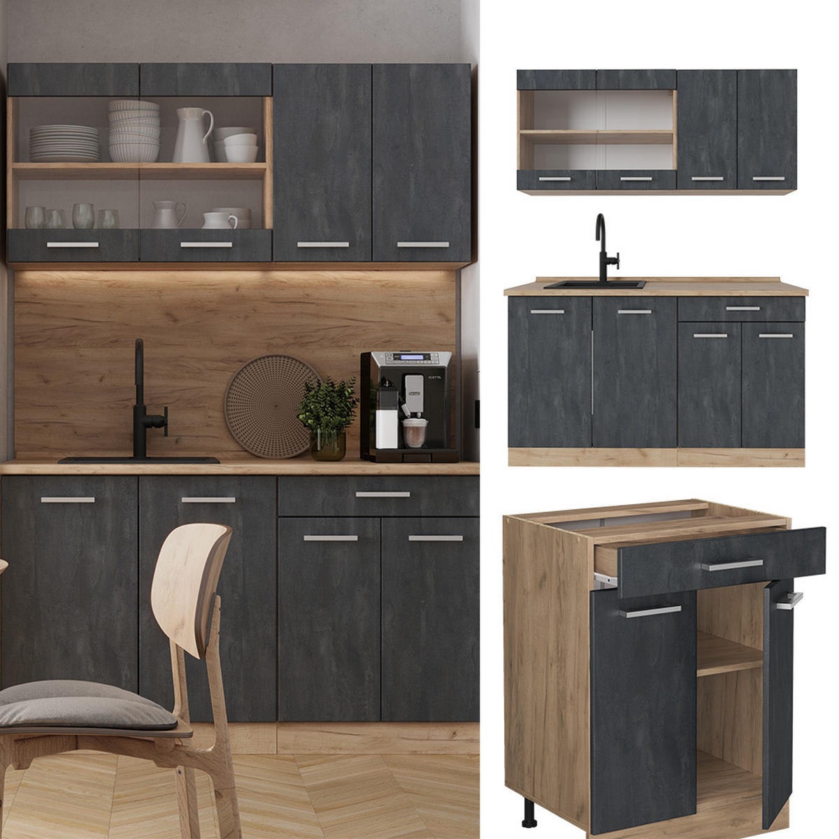 SINGLEKÜCHE R-Line Schwarz Beton/Goldkraft Eiche 140 cm AP Anthrazit - Eiche Wotan/Schwarz, Holzwerkstoff (140/81.6/60cm) - Vicco