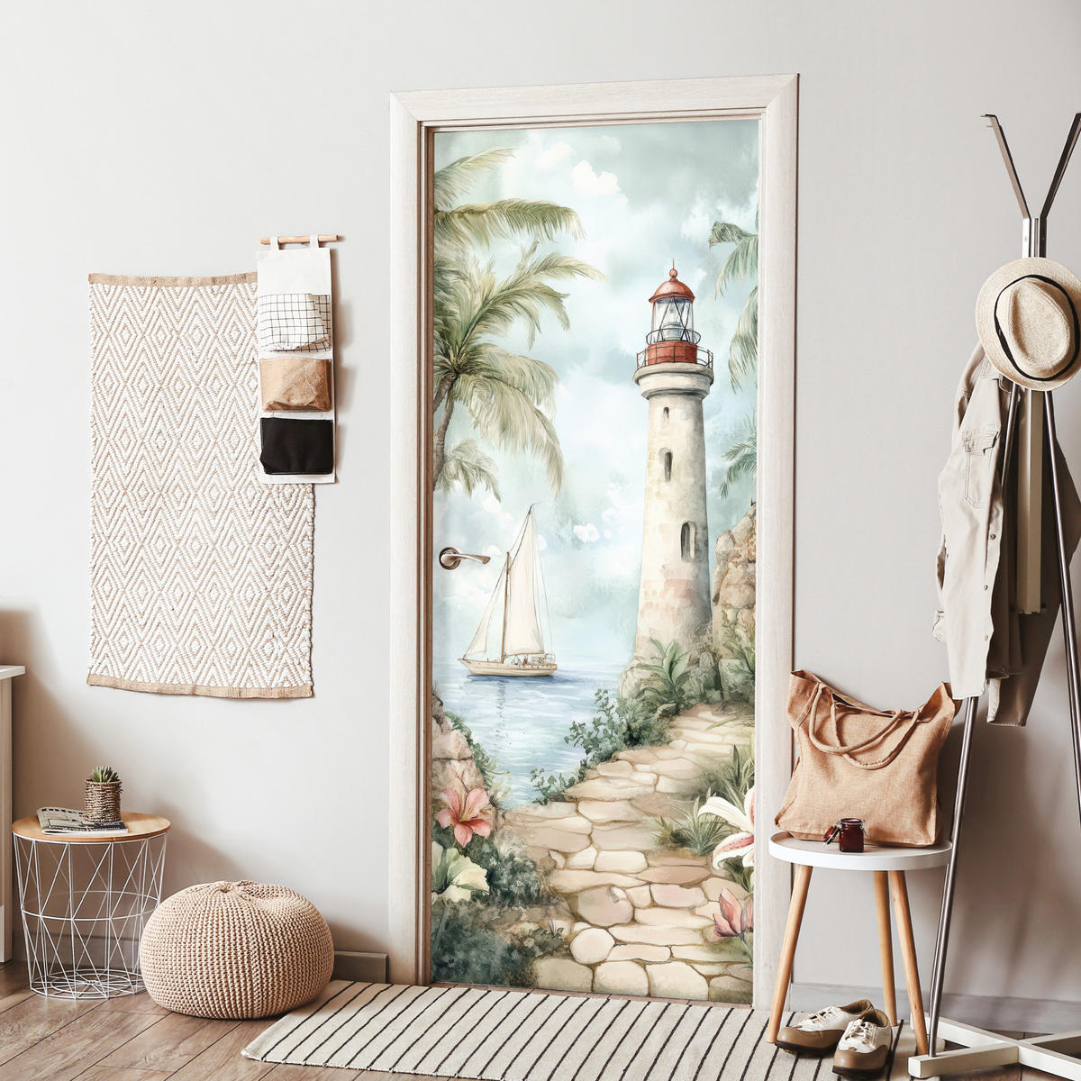 TÜRAUFKLEBER Leuchtturm - Natur - Landschaft - Boot 80x215 cm - Türtapete - Eichefarben, Kunststoff (80/0.1cm) - MuchoWow