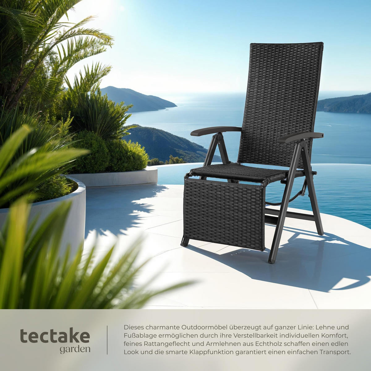 RATTANSTUHL Brisbane ,58 x 77 x 113 cm,schwarz - Schwarz, Kunststoff (58/113/77cm) - tectake