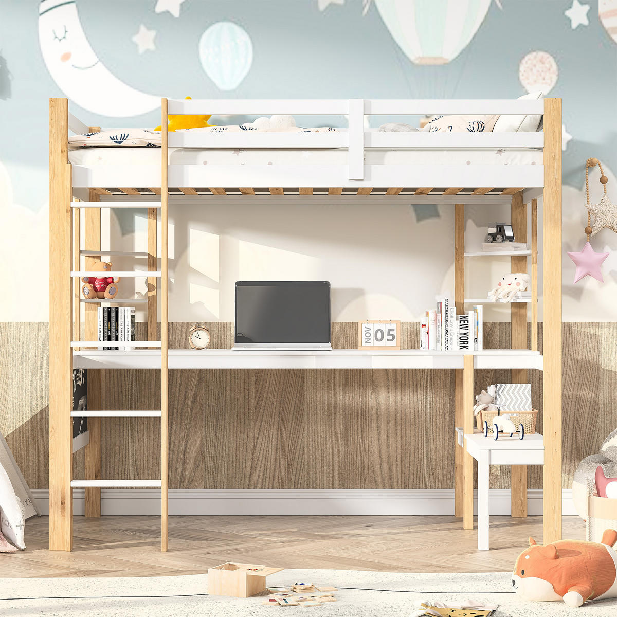 HOCHBETT 90/200 cm aus holz mit schreibtisch und ttreppe, sicherheitsgeländer - Weiß, Holz (90/200cm) - GENKI LIVING