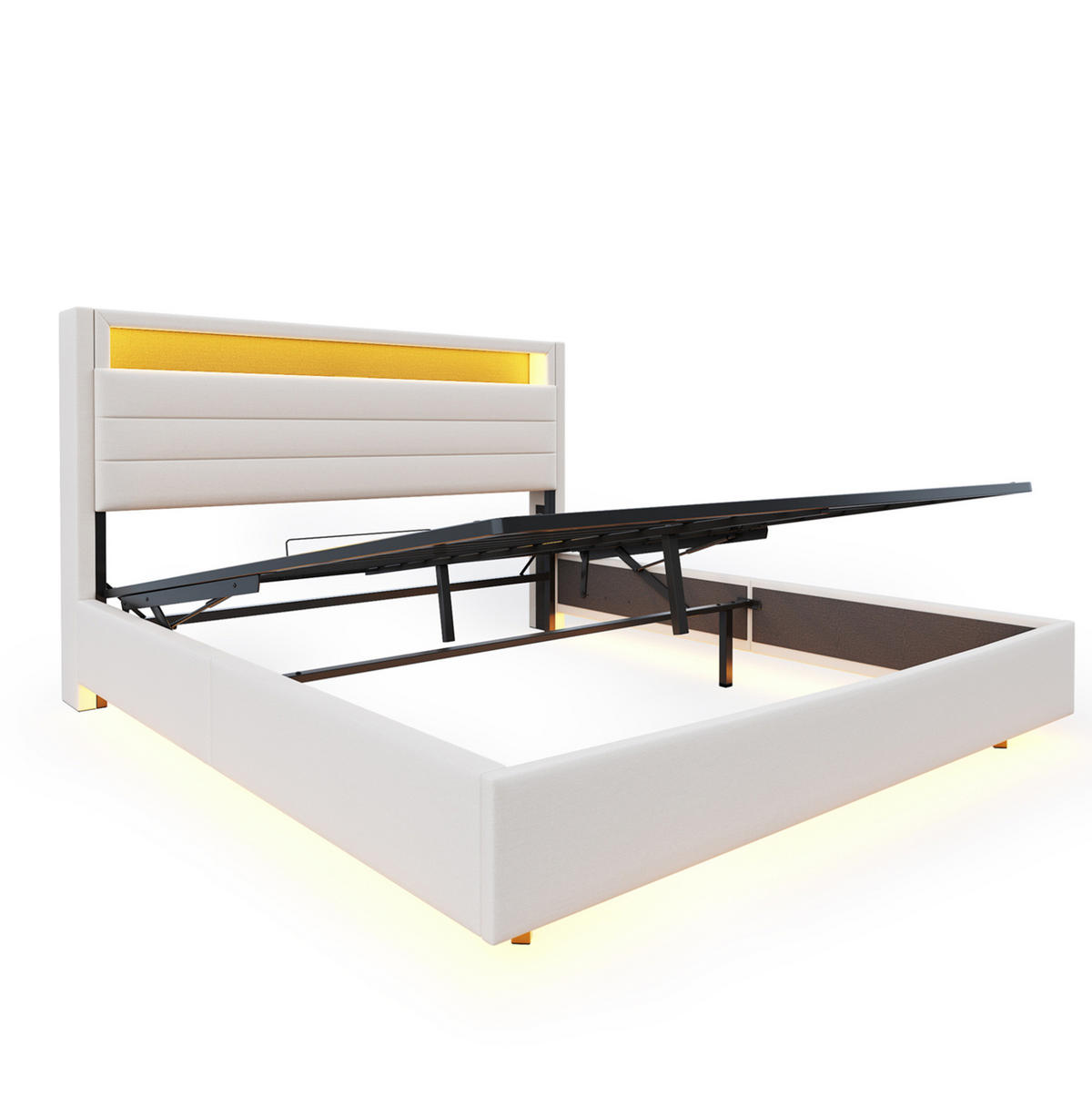 POLSTERBETT aus Leinen 140x200 cm Beige mit LED-Beleuchtung, USB-Anschluss und hydraulischem Stauraum - Beige, Textil (140/200cm) - Modfu