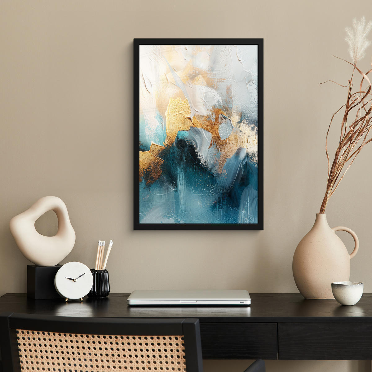 GERAHMTES BILD Abstrakt - Kunst - Gold - Blau 40x60 cm - Petrol, Papier (40/60cm) - MuchoWow