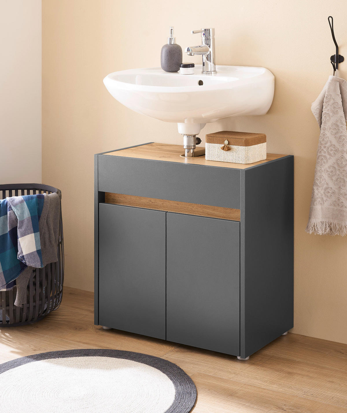 WASCHBECKENUNTERSCHRANK grau matt, Wotan Eiche, Badezimmer Unterschrank 60 cm - Eiche Wotan/Schwarz, Holzwerkstoff/Kunststoff (60/62/34cm) - Furn.Design