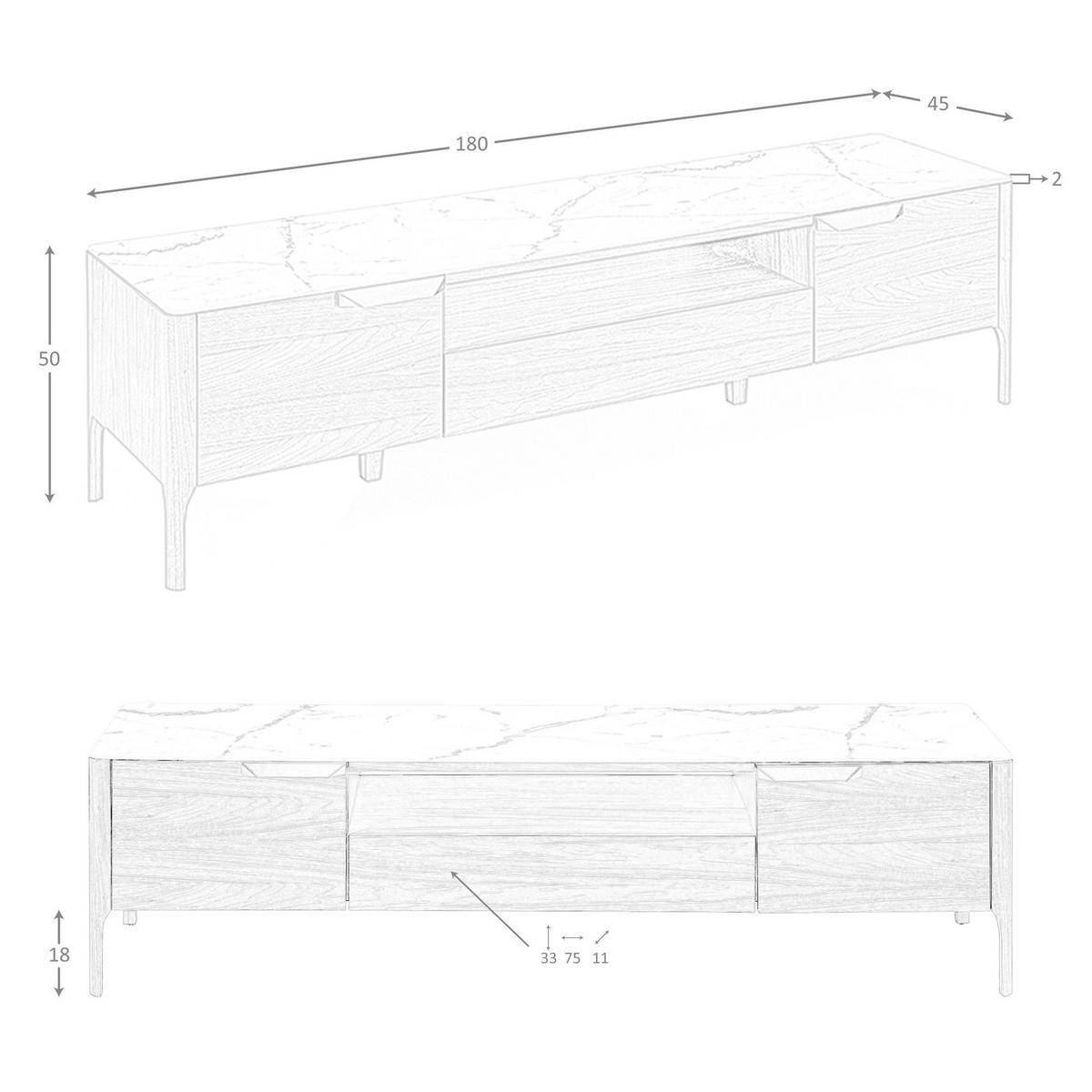 TV-ELEMENT TV-Ständer aus Nussbaumholz mit Glasplatte aus Marmorimitation 180/45/50 cm - Edelstahlfarben/Walnussfarben, Holz/Stein (180/50/45cm) - ANGEL CERDA