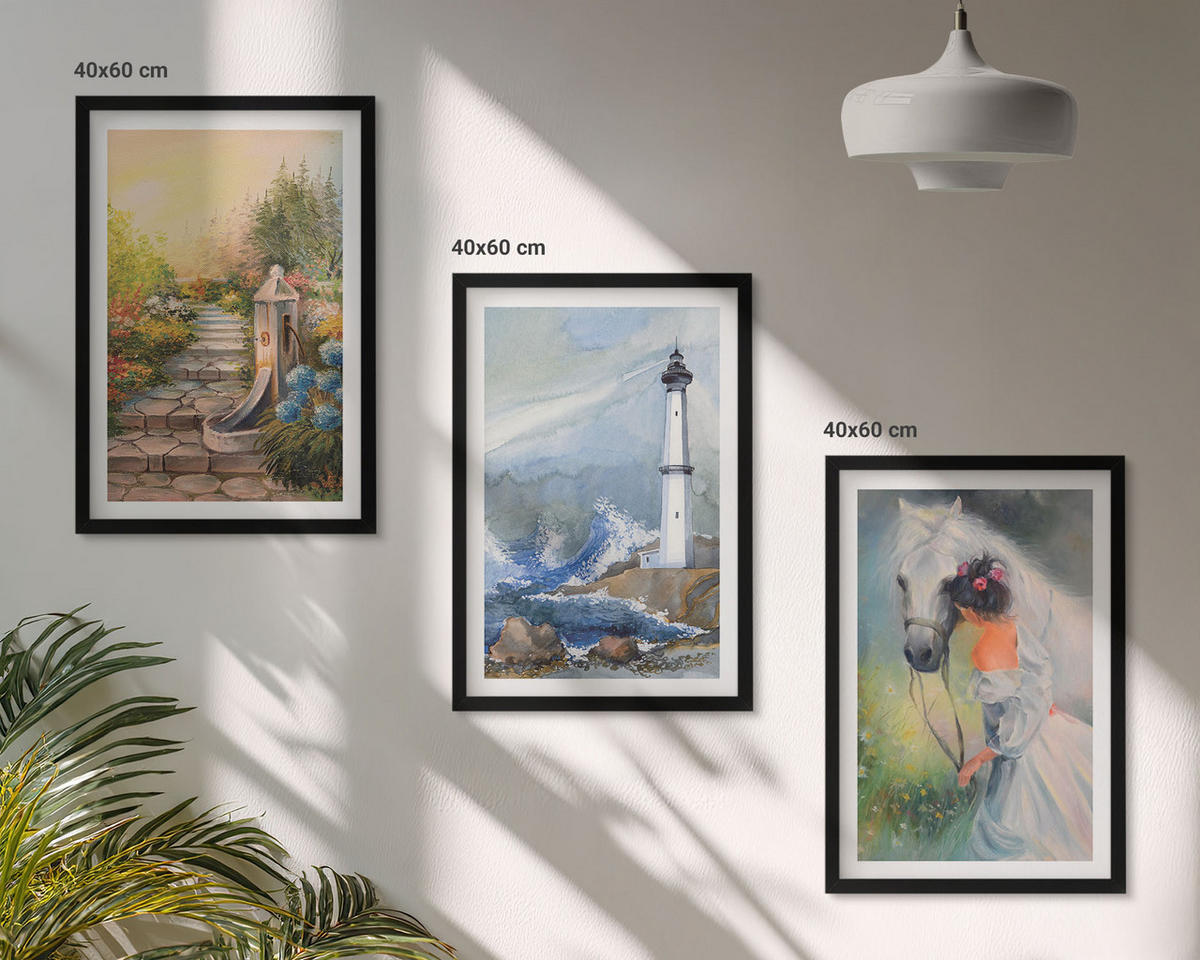 WANDBILDER 3er-Set - 40x60 cm Schwarzer Rahmen - Landschaft Leuchtturm Pferd Mädchen - Schwarz, Kunststoff (40/60cm) - ArtPrintCave