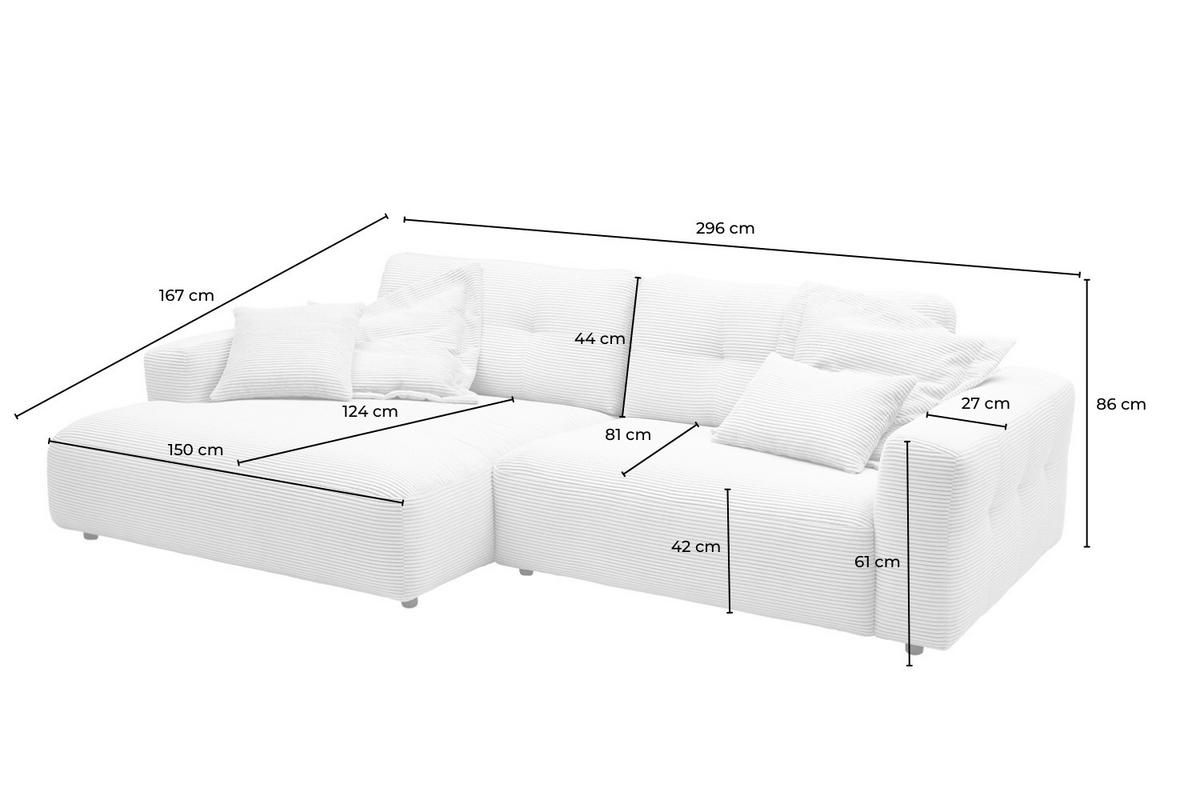 ECKSOFA XL MIKA Cremeweiß Cord - Creme/Schwarz, Kunststoff/Textil (296/167cm) - KAWOLA