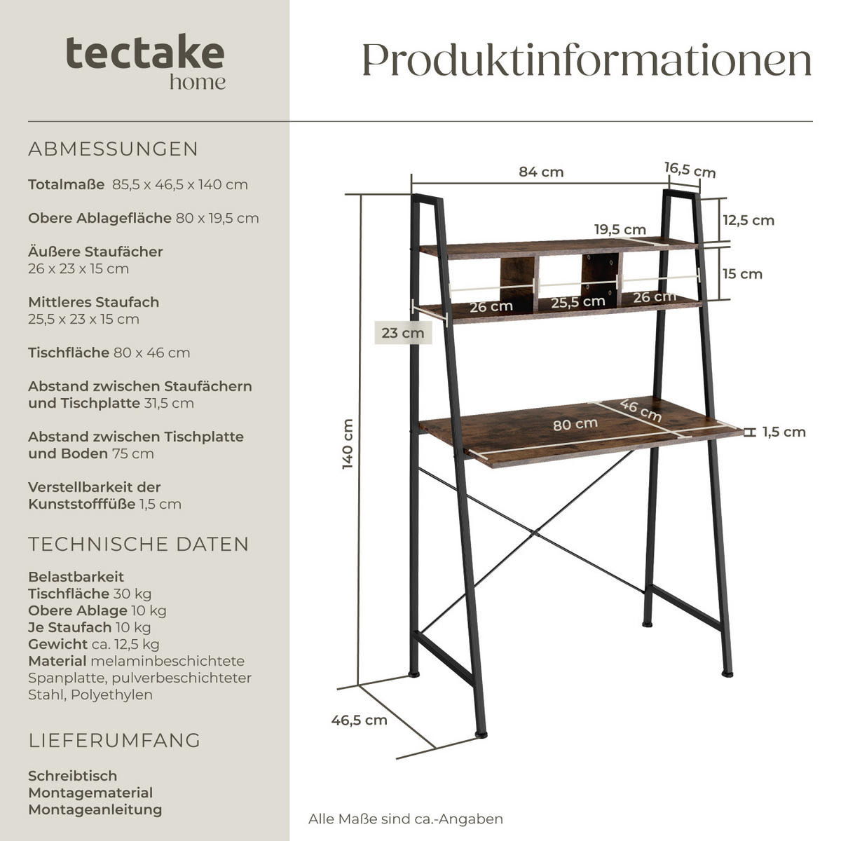 SCHREIBTISCH Exeter,85,5 x 46,5 x 140 cm,Industrial Holz dunkel, rustikal - Rostfarben, Holzwerkstoff (85.5/46.5/140cm) - tectake