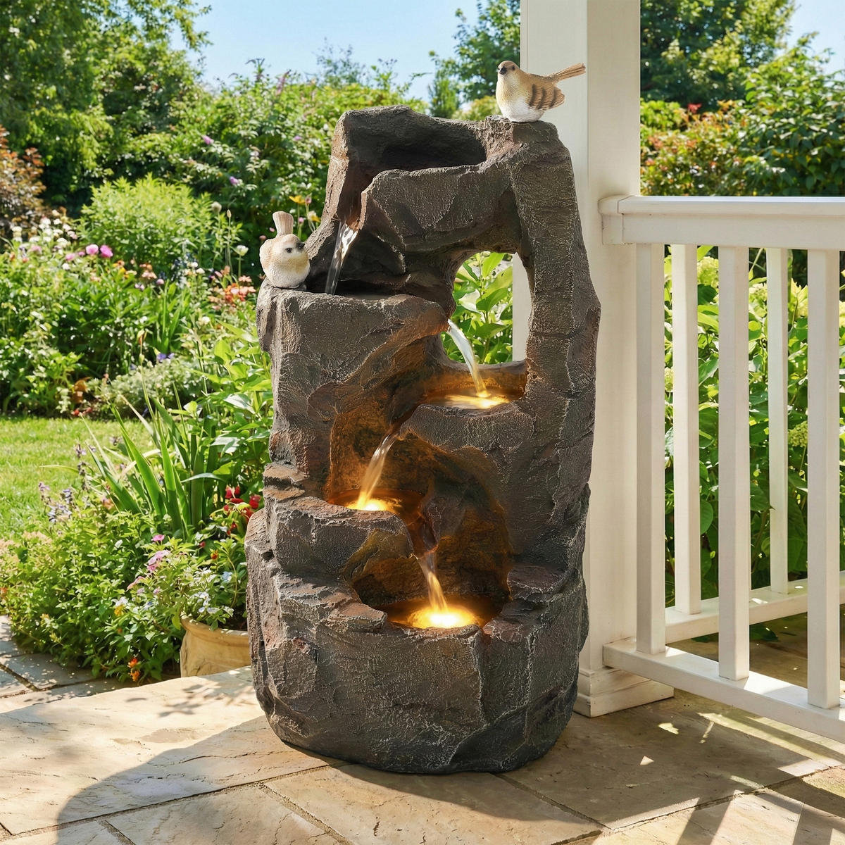 GARTENBRUNNEN LED Steingrau 47cm Zen Außen Terrasse Balkon - Grau, Naturmaterialien (25.5/19/47cm) - FLIEKS