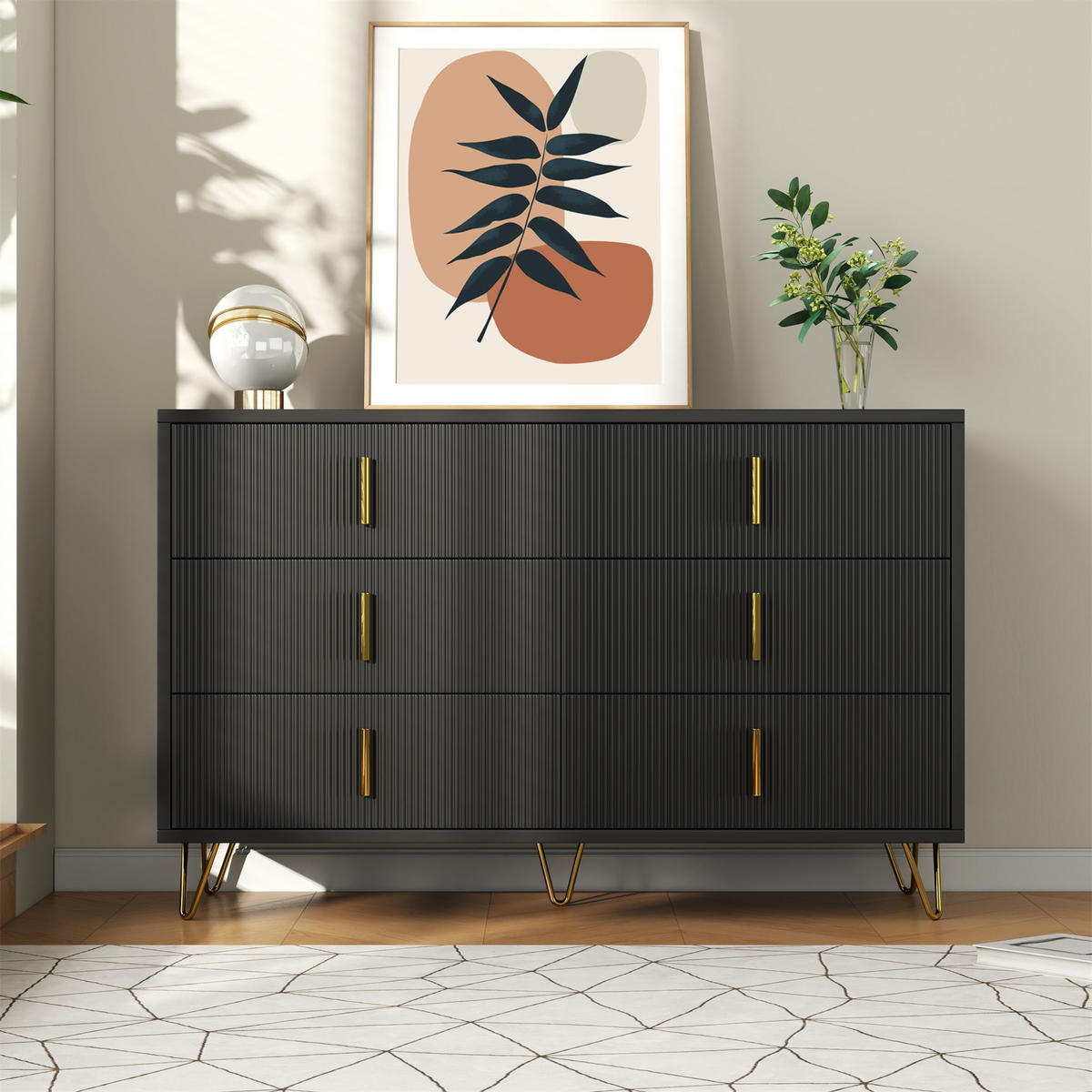 SIDEBOARD Modern Design Stauraum Goldene Griffe Kommode - Schwarz, Holzwerkstoff (40/77/120cm) - FLIEKS