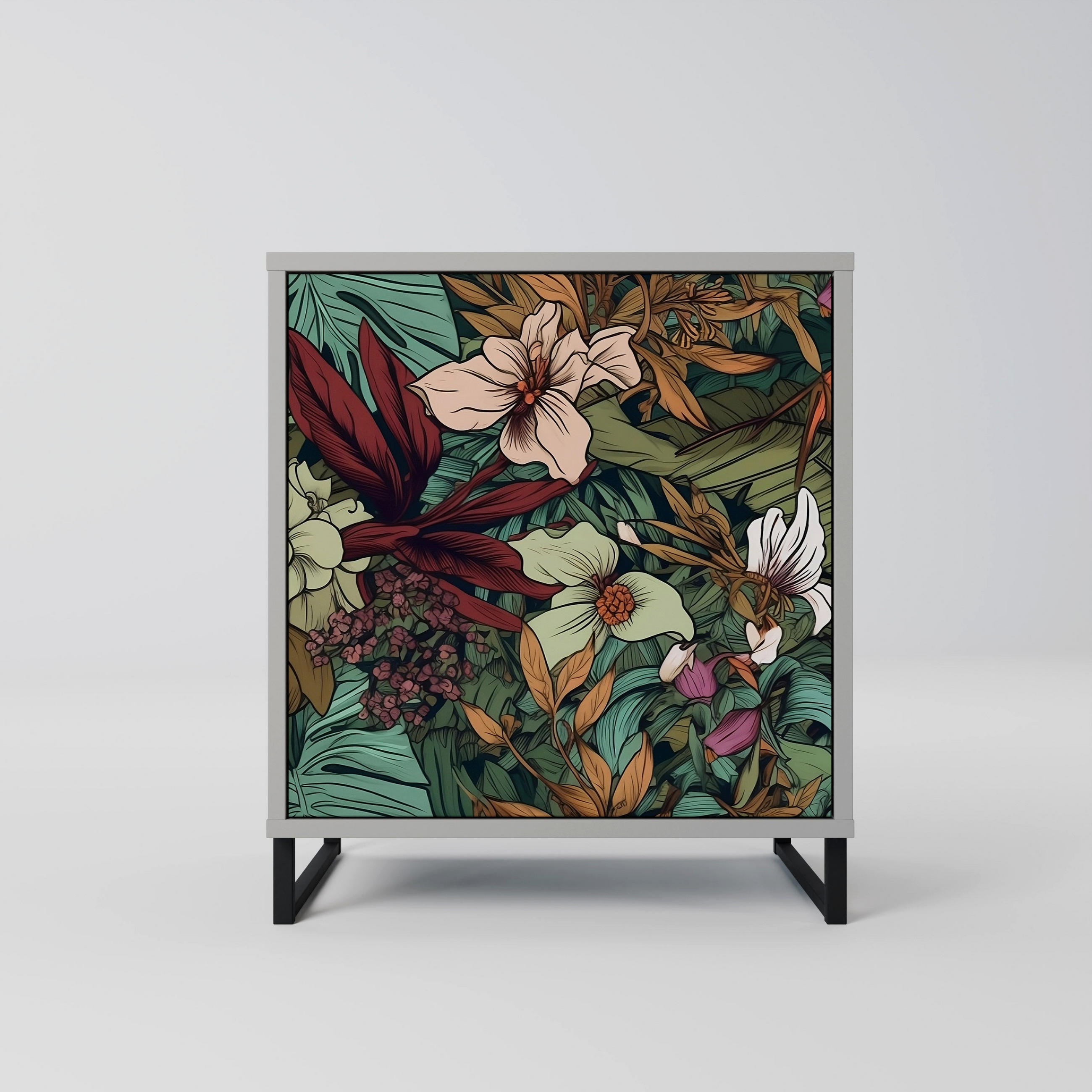 SIDEBOARD BOTANICAL EMERGENCE, Grau, 57,5x42x67,5 cm, Schwarze Metall-Rahmenfüße - Multicolor/Schwarz, Holzwerkstoff/Metall (57.5/67.5/42cm) - SpaceRebels