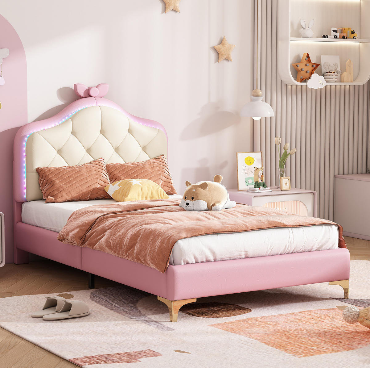POLSTERBETT 90/200 cm aus PU mit LED-Lichtleiste Rosa/Weiß - Weiß, Kunststoff (90/200cm) - Modenvie