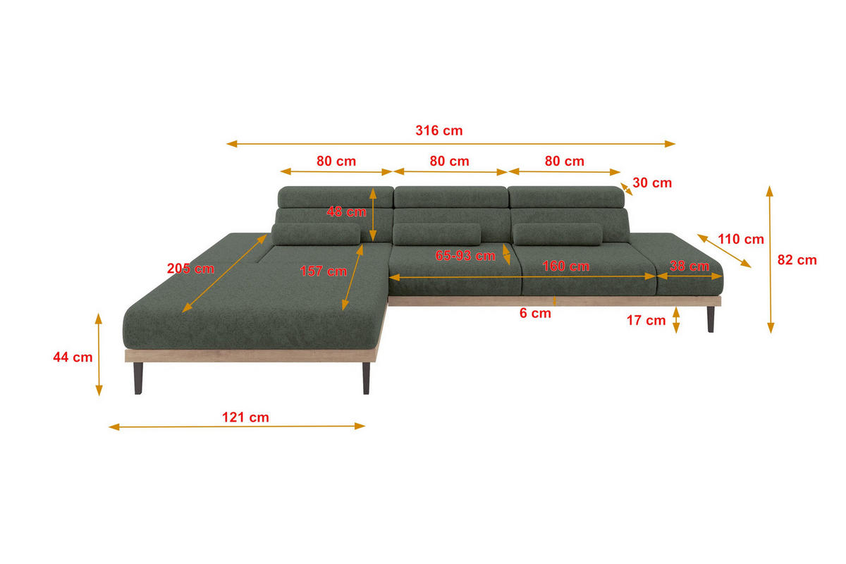 ELEKTRISCHES ECKSOFA Links MONA 316x205x85 Grün Velours - Grün, Holzwerkstoff/Textil (316/205cm) - ALTDECOR