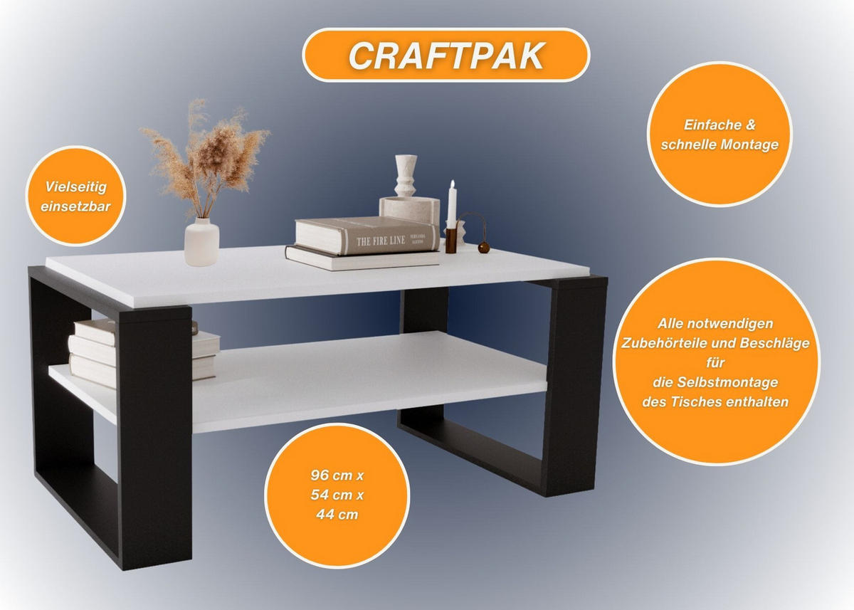 COUCHTISCH Holzwerkstoff rechteckig stabil Weiß 42/54/96cm - Schwarz/Weiß, Holzwerkstoff (53.8/96/42cm) - CraftPAK