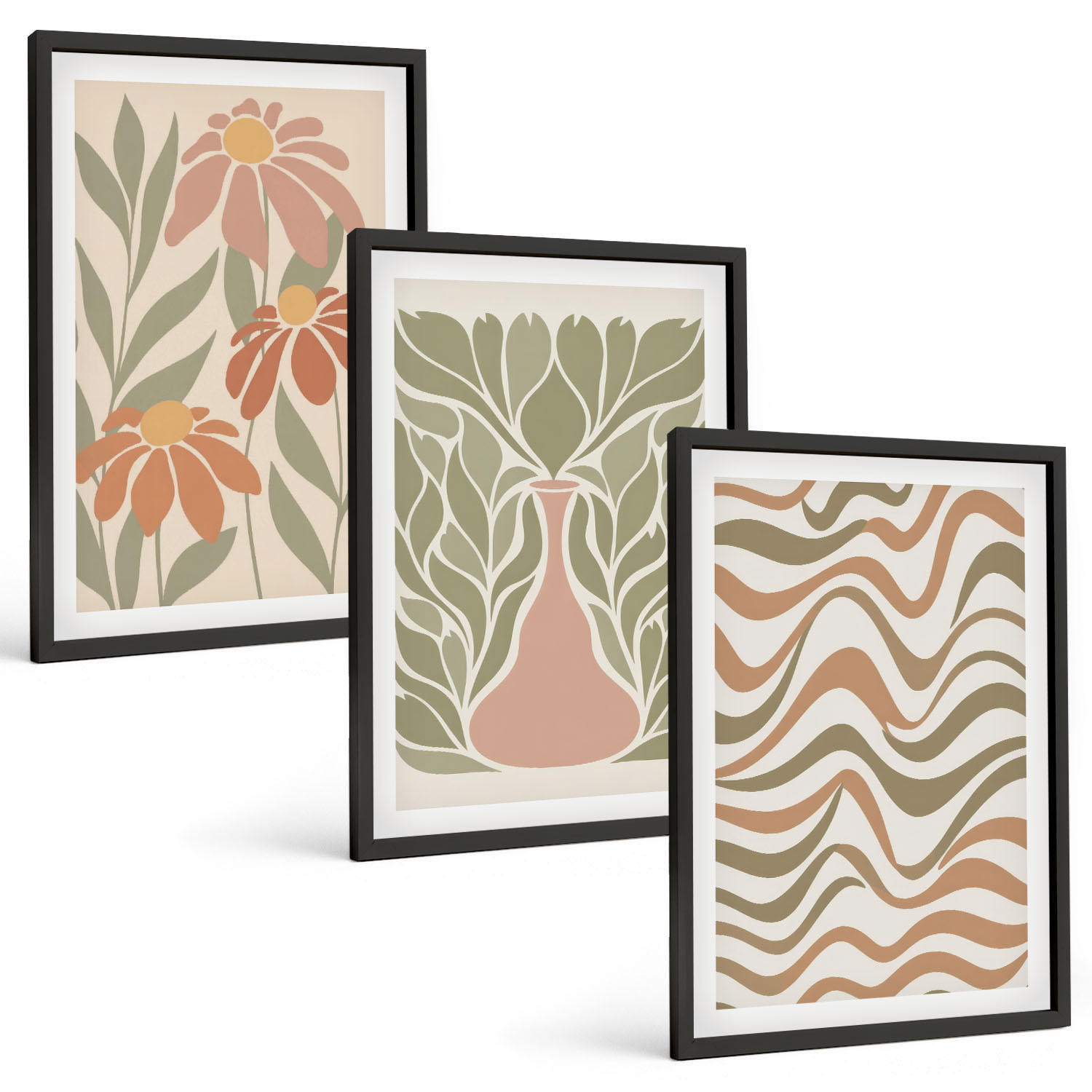 BILDER SET 3er Set - 40x60 cm Schwarzer Rahmen - Abstrakte Pastellblumen - Schwarz, Kunststoff (40/60cm) - TULUP