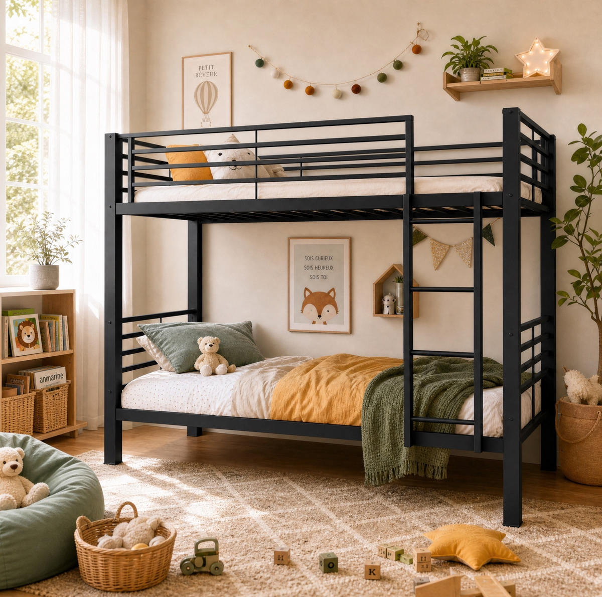 ETAGENBETT aus Metall 90x200 cm Schwarz mit beidseitig montierbarer Leiter - Schwarz, Metall (90/200cm) - Modfu