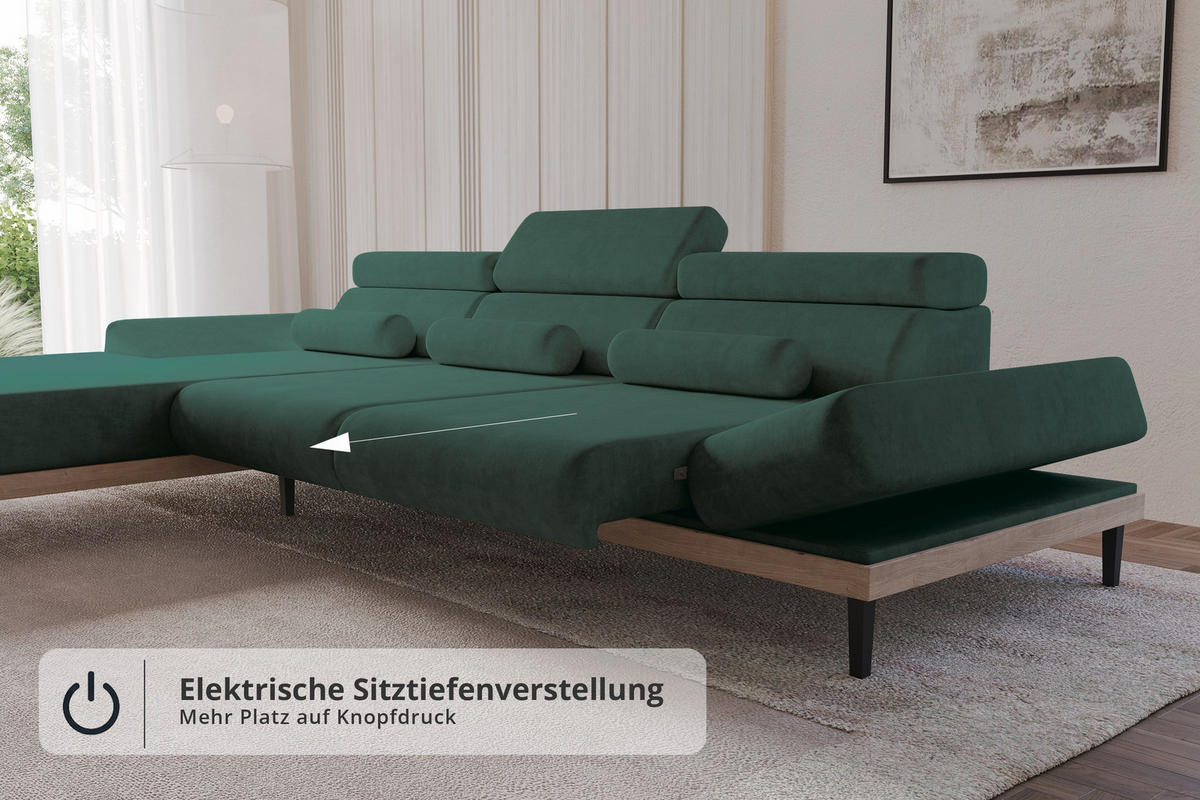 ELEKTRISCHES ECKSOFA Links MONA 316x205x85 Grün Velours - Dunkelgrün/Grün, Holzwerkstoff/Textil (316/205cm) - ALTDECOR
