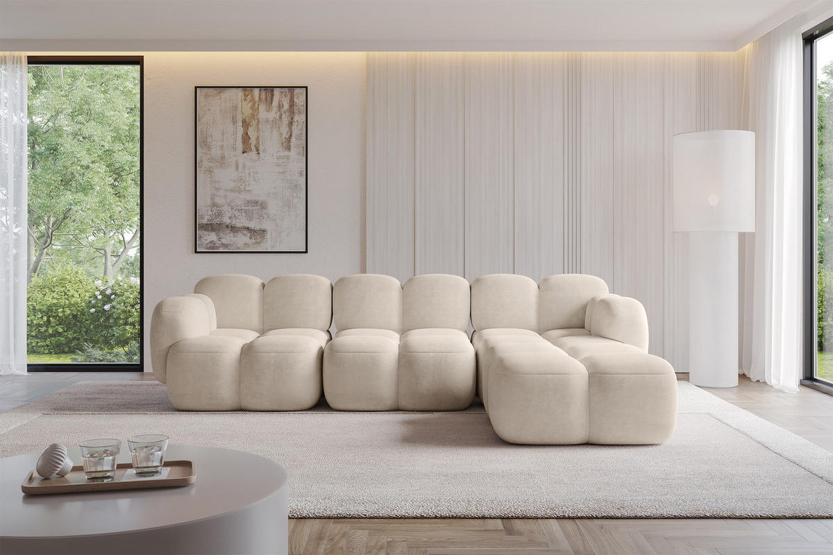 ECKSOFA modulares Sofa Rechts Miko-L2 302x205x75 Beige Velours - Ecru/Schwarz, Holzwerkstoff/Kunststoff (302/205cm) - ALTDECOR