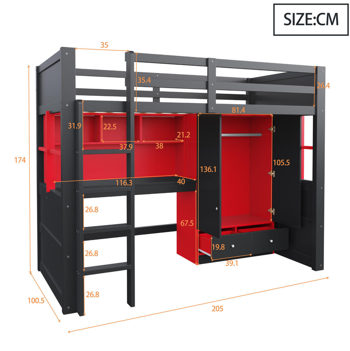 HOCHBETT 90/200 cm aus Holz mit LED-Beleuchtung Steckdosen Schreibtisch und Kleiderschrank Schwarz/Rot - Schwarz, Holz (90/200cm) - Modenvie