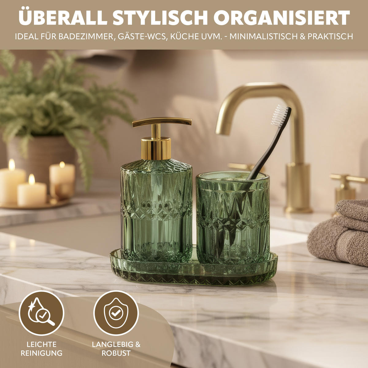 BADEZIMMER-SET BURANO 3tlg. grün, Glas - Grün, Glas (18.5/2.5/10cm) - eluno