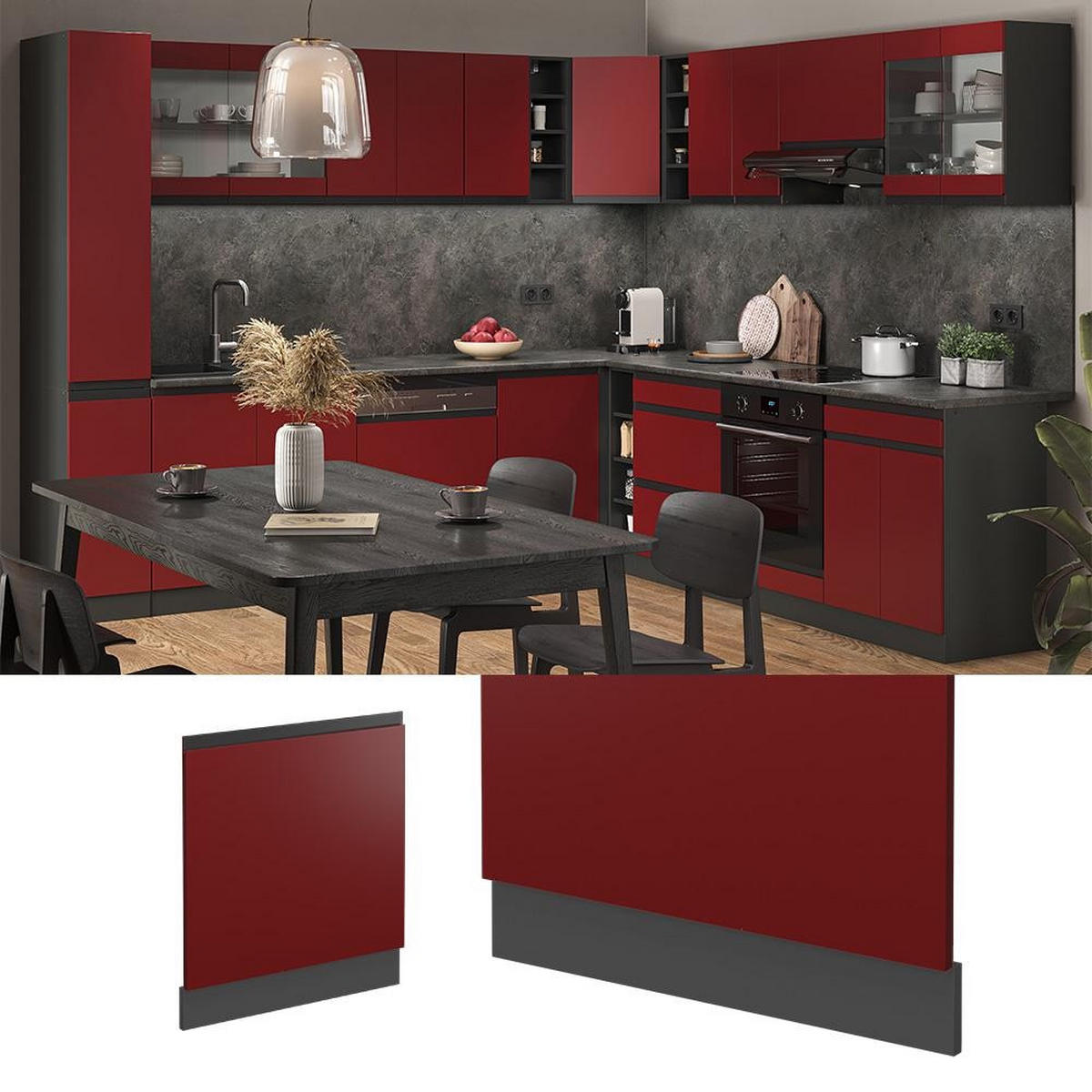 FRONTBLENDE R-Line Rot 60 cm J-Shape, AP Marmor - Anthrazit/Rot, Holzwerkstoff (60/57.2/60cm) - Vicco
