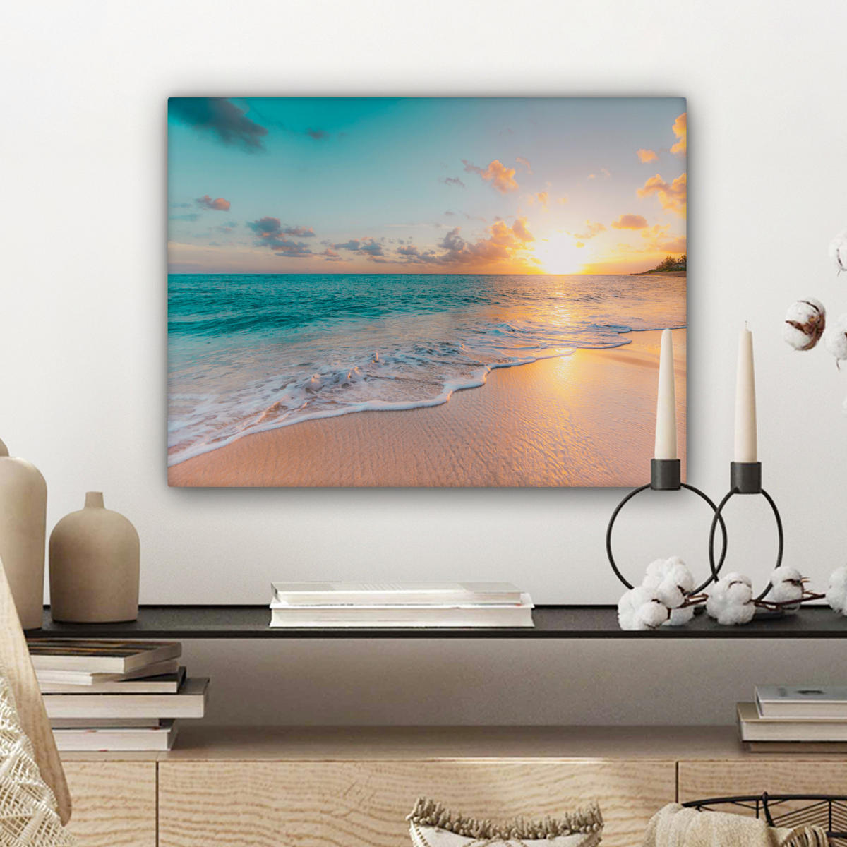 LEINWANDBILD - Sonnenuntergang - Strand - Meer - Sommer - Blau - 40x30 - Wanddeko - Multicolor, Textil (40/30cm) - MuchoWow