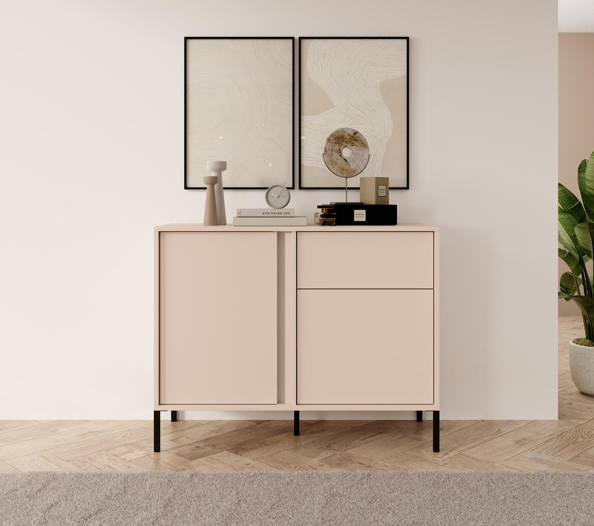 SIDEBOARD Piemontesia 2T 1S Beige 103,3/81,4/39,5 cm – mit Push-to-Open-Funktion - Beige/Schwarz, Holzwerkstoff/Metall (103.3/81.4/39.5cm) - AX Living