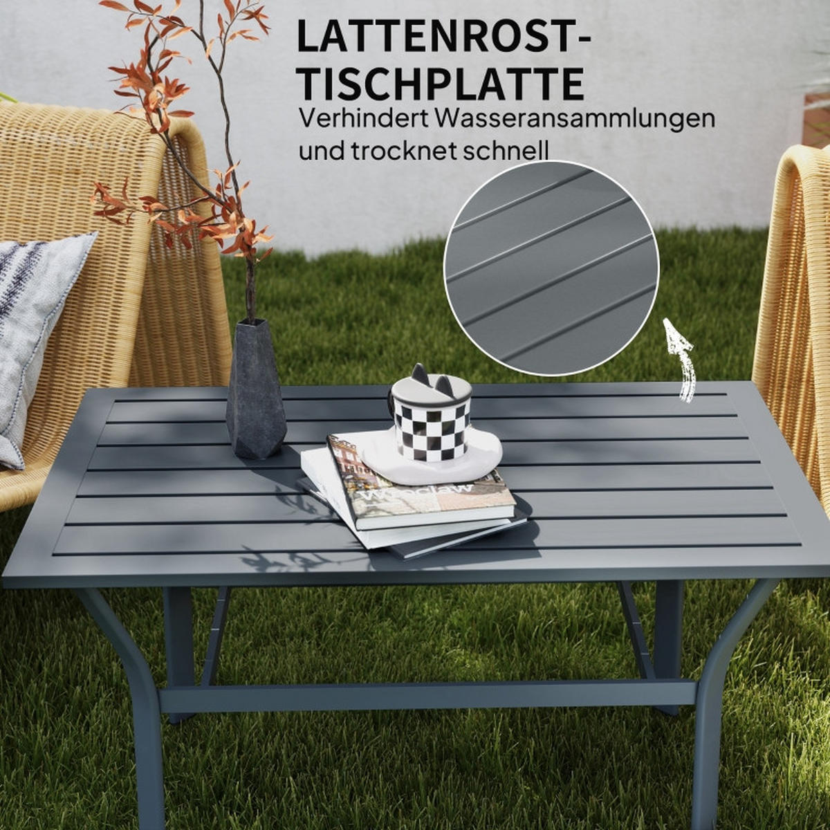GARTENTISCH aus Metall 91,5x55x45 cm Dunkelgrau mit Latten-Design - Naturfarben, Metall (91.5/55/45cm) - Modfu