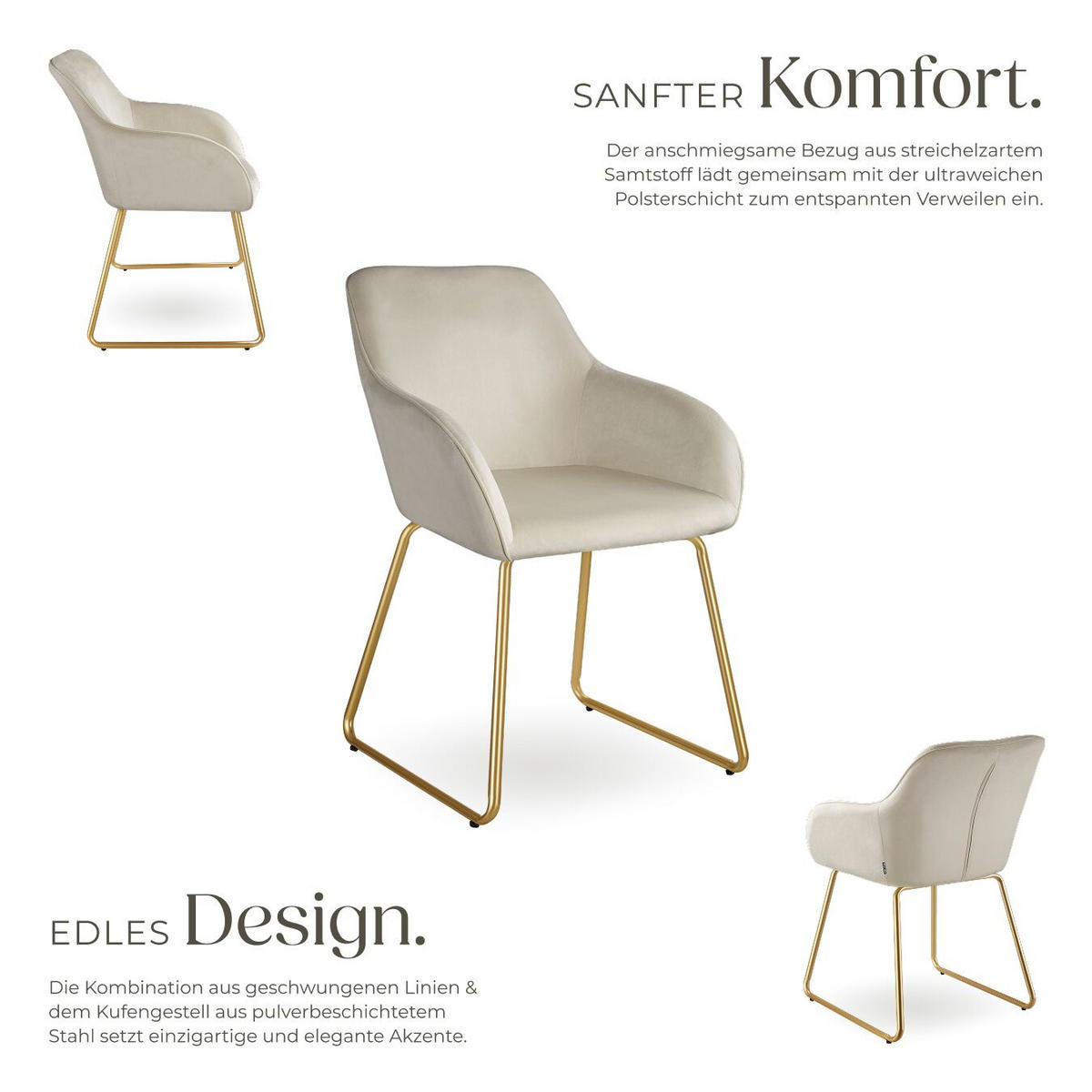 ESSZIMMERSTUHL Jeane,57 x 61 x 85,5 cm, Belastbarkeit 120 kg,Samtoptik creme/gold - Goldfarben/Samtahornfarben, Kunststoff (57/85.5/61cm) - tectake