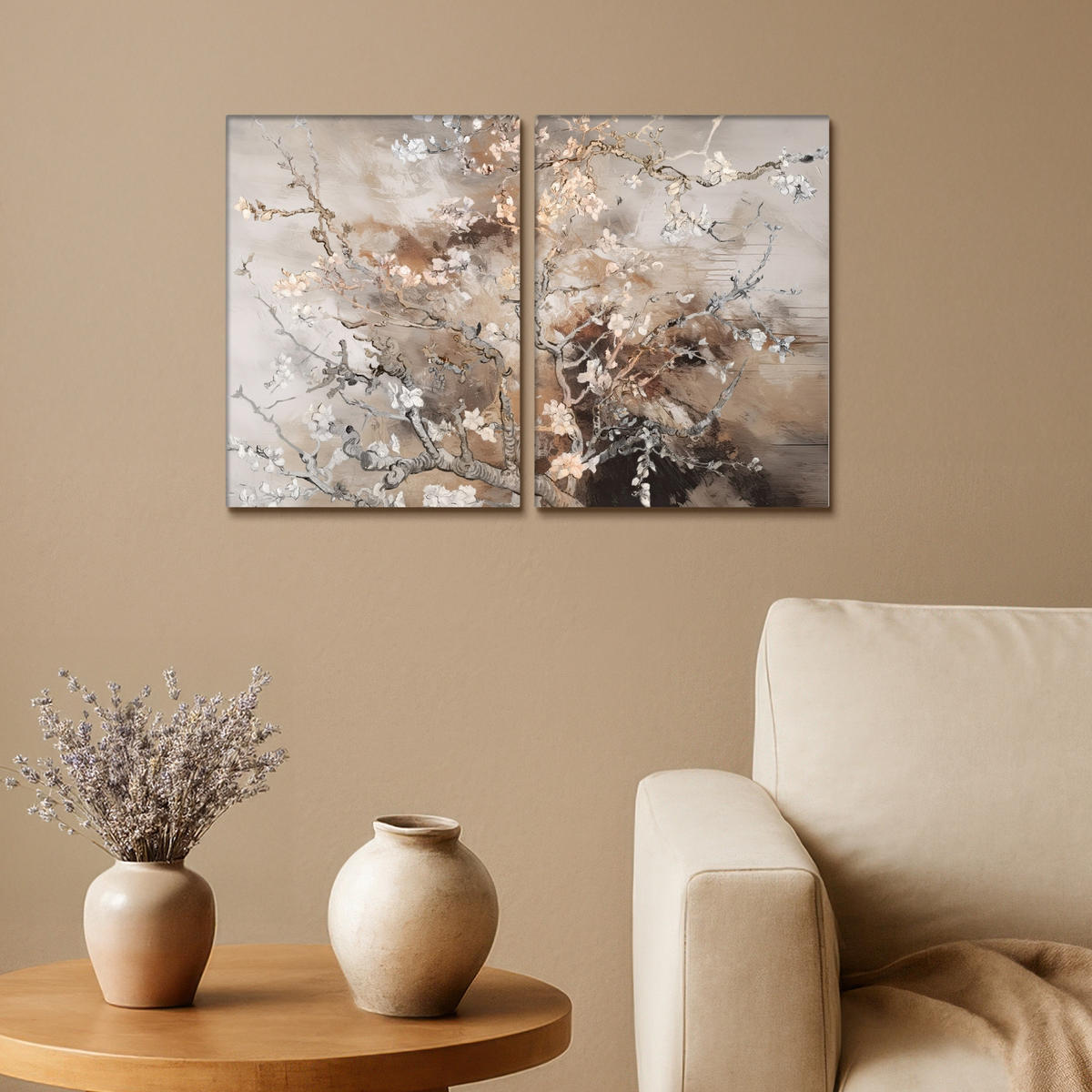 LEINWANDBILD 2er Set Mandelblüte - Abstrakt - Beige 60x40 cm - Beige, Textil (60/40cm) - MuchoWow