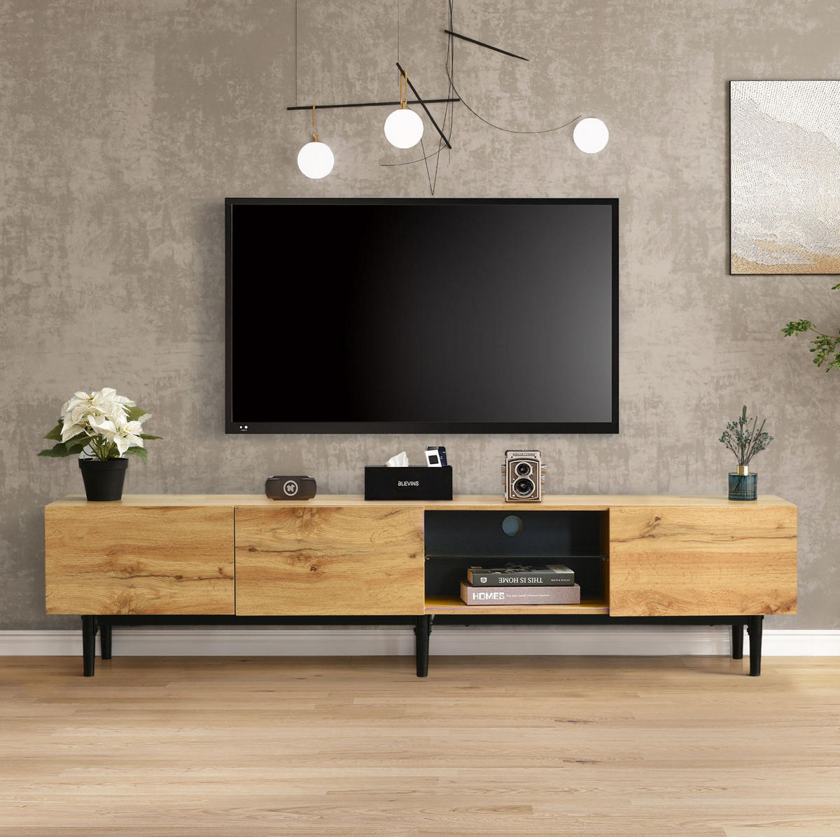 LOWBOARD 175/31/41 cm aus MDF mit LED-Beleuchtung Licht Eiche/Schwarz - Eichefarben, Holzwerkstoff (175/41/31cm) - Modenvie
