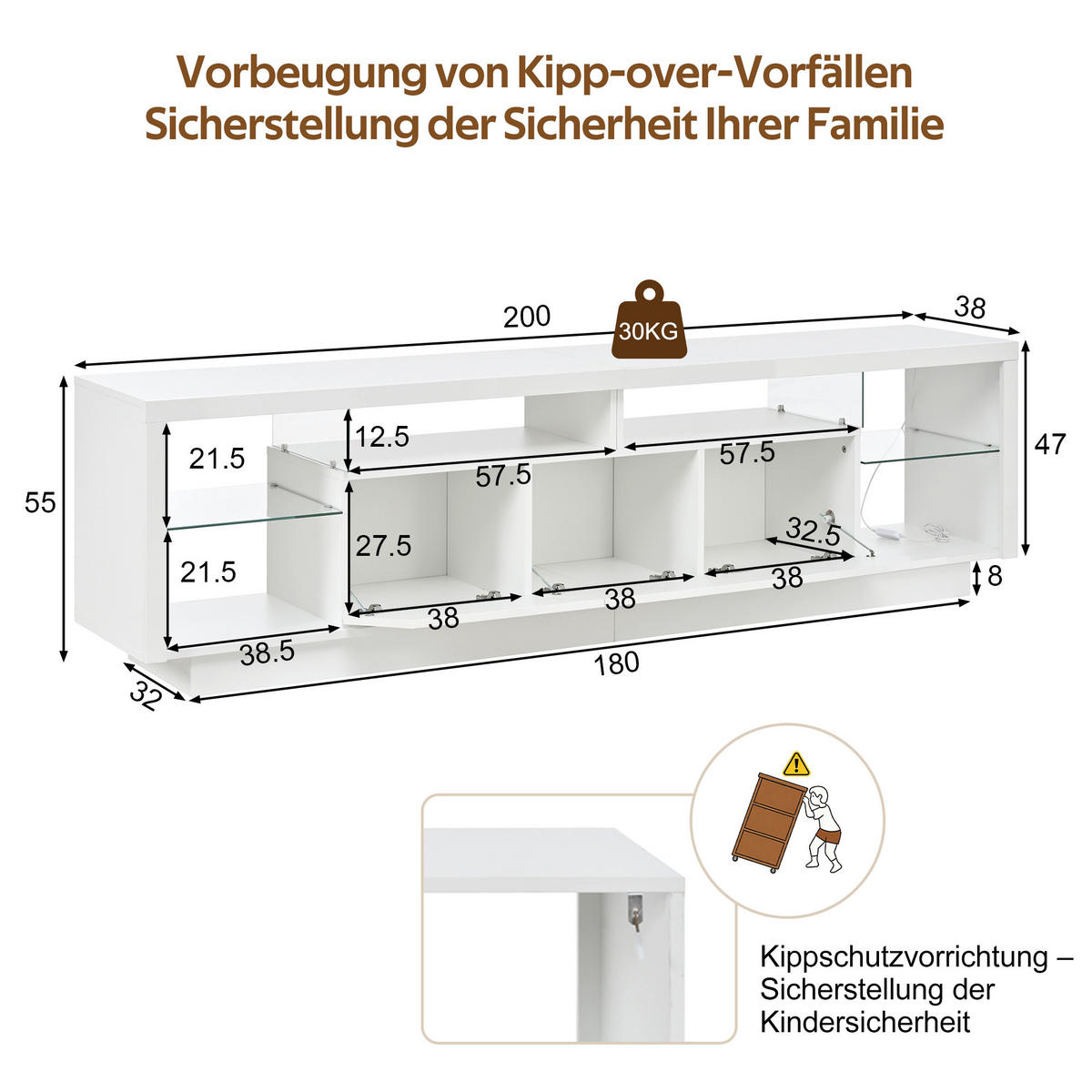 TV-SCHRANK 200/38/55 cm Weiß Hochglanz mit LED-App und 3 Türen - Weiß, Holzwerkstoff (200/55/38cm) - Oxeza