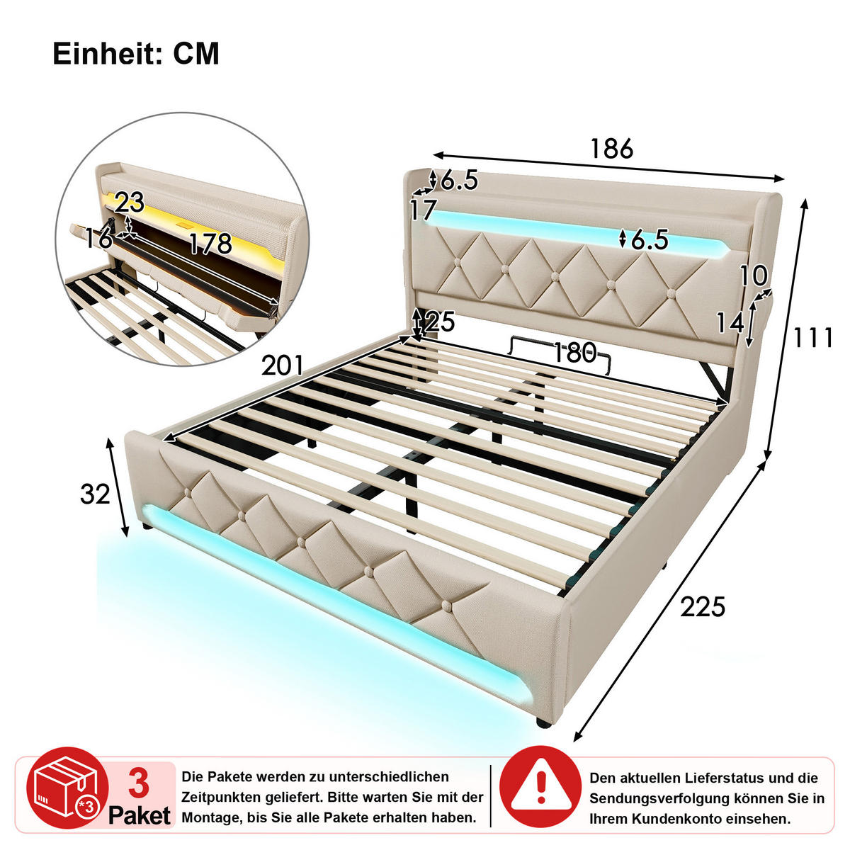 POLSTERBETT 180/200 cm in Beige Leinen mit Bettkasten, LED, USB und Type-C - Beige, Holzwerkstoff/Textil (180/200cm) - CHICFURN