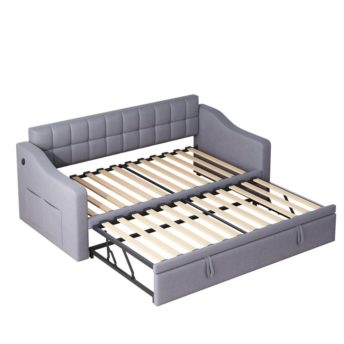 POLSTERBETT 90/190 cm ausziehbar auf 180 cm mit USB-Anschlüssen und Samtbezug, Grau - Grau, Textil (90/190cm) - Redom