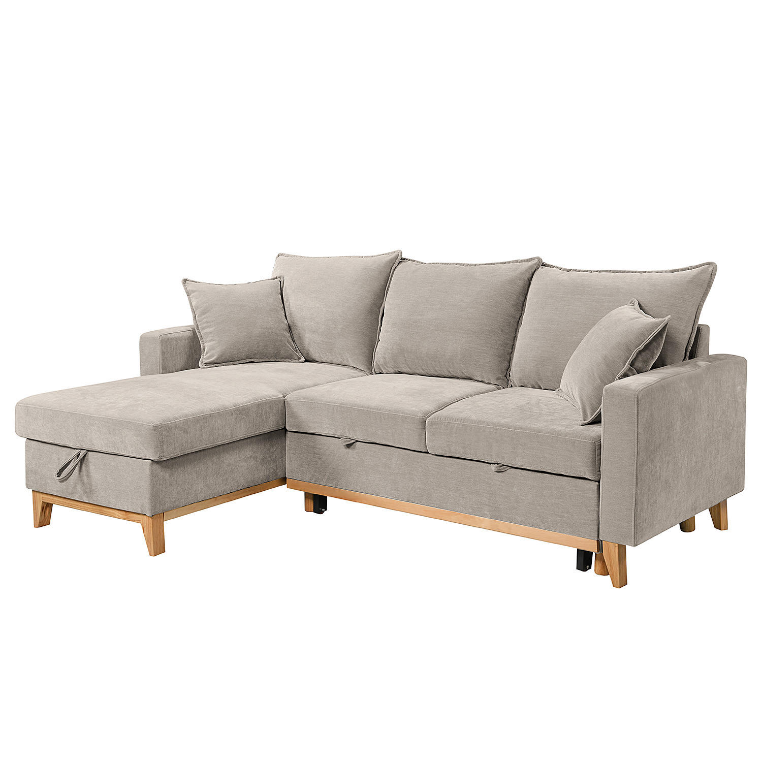 ECKSOFA mit Schlaffunktion - Flachgewebe - Hellbraun/Grau, Holz/Textil (214/145cm) - home24