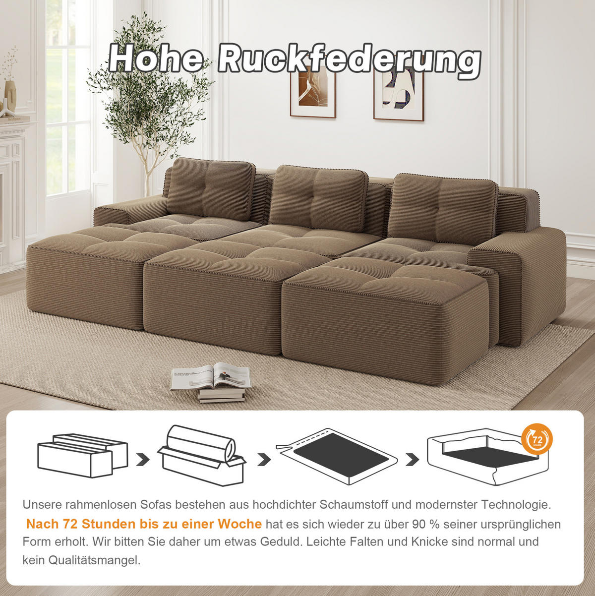MODULARES Sofa aus Cord in Braun 293x177x69 cm mit Schlaffunktion und 74 cm Sitztiefe - Braun, Textil (177/69/293cm) - IVMEU