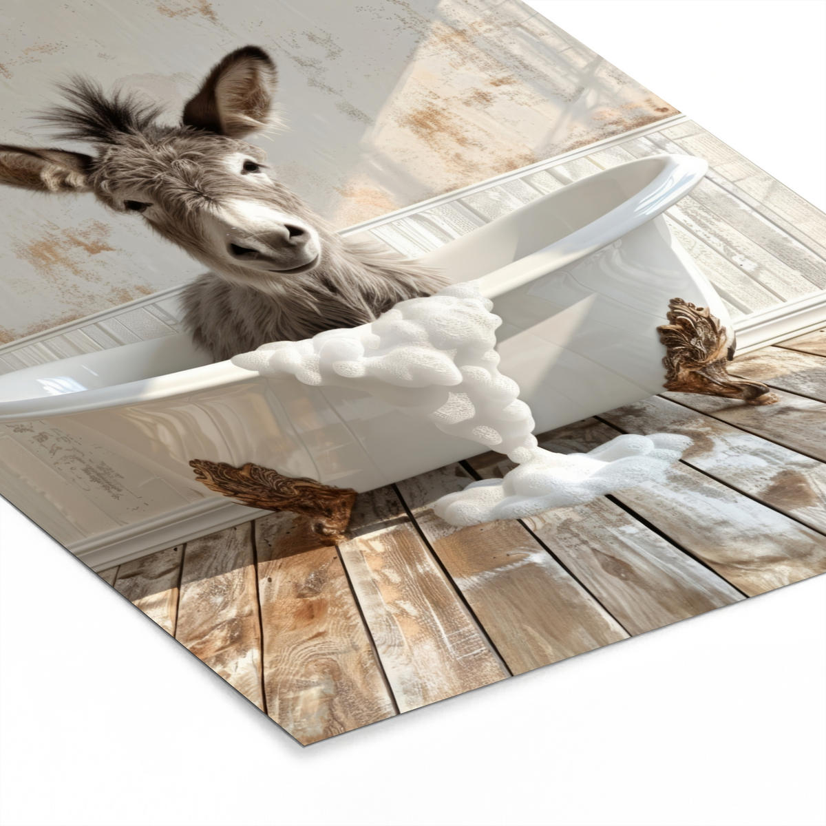 GERAHMTES BILD Esel - Tiere - Badewanne - Schaumstoff 60x80 cm - Weiß, Papier (60/80cm) - MuchoWow