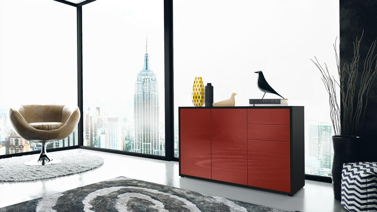 KOMMODE Ben Front in Bordeaux Hochglanz - Bordeaux, Holzwerkstoff (117/74/36cm) - Vladon