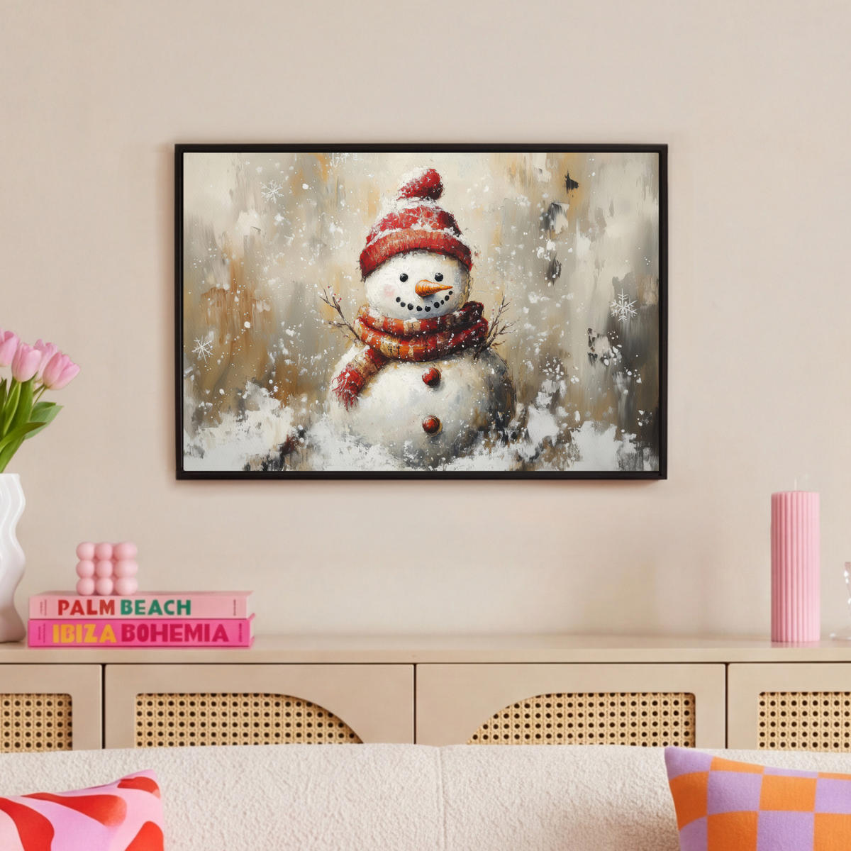 LEINWAND Bilder mit Rahmen - Schneemann - Winter - Schnee - Beige - 60x40 - Weiß, Textil (60/40cm) - MuchoWow