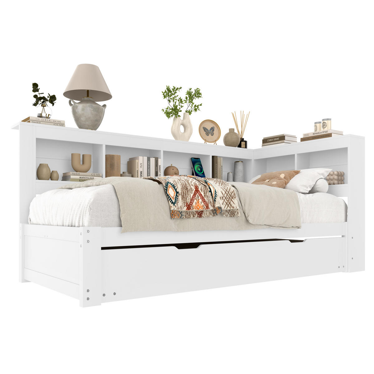 MULTIFUNKTIONSBETT 90/200 cm mit ausziehbarem Rollbett und 2 USB-Anschlüssen Weiß - Weiß, Holz - OKWISH