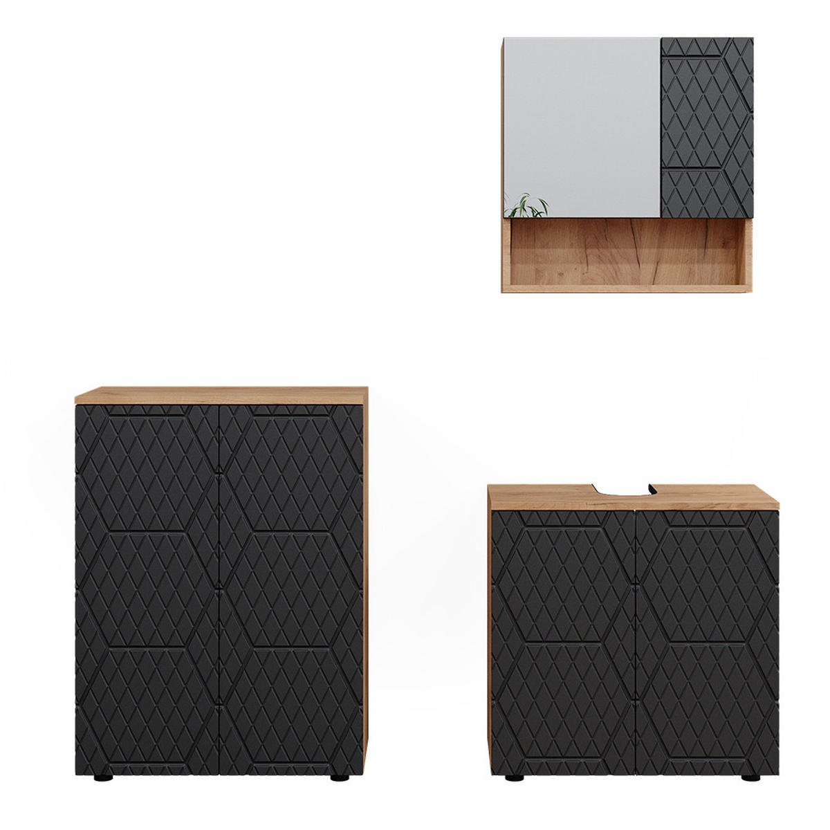 BADMÖBEL-SET Irma Anthrazit gestreift 3 Teile, mit Unterschrank 60 cm - Honigeiche/Anthrazit, Holzwerkstoff (80/58.6/41cm) - Vicco