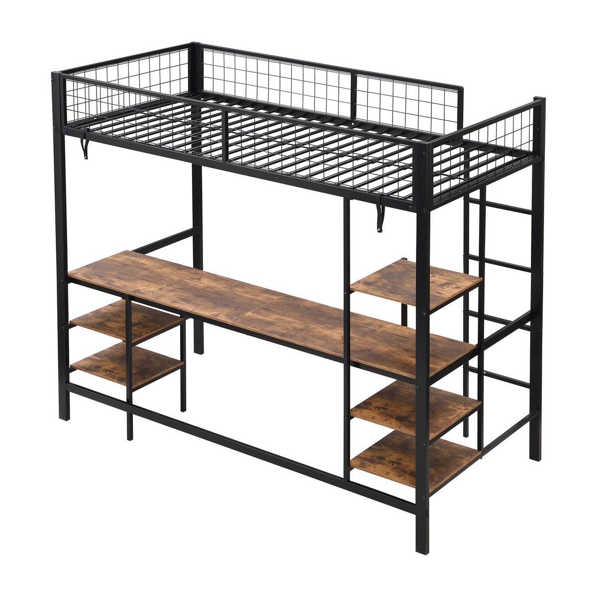 ETAGENBETT 90/200 cm in Schwarz & Dunkler Holzfarbe mit Tisch und Regal aus Metall & Holzwerkstoff - Schwarz, Holzwerkstoff/Metall (90/200cm) - CHICFURN